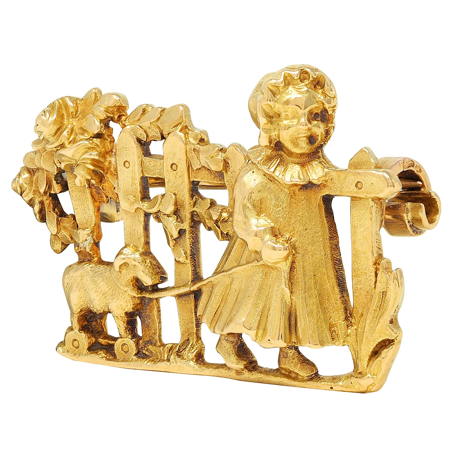 1960's French 18 Karat Yellow Gold Child Pulling Toy Vintage Brooch