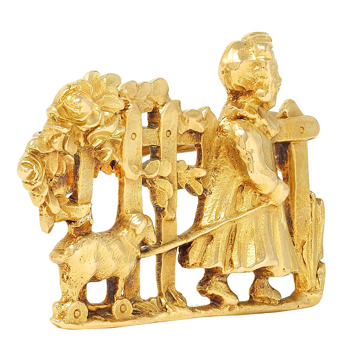 1960's French 18 Karat Yellow Gold Child Pulling Toy Vintage Brooch