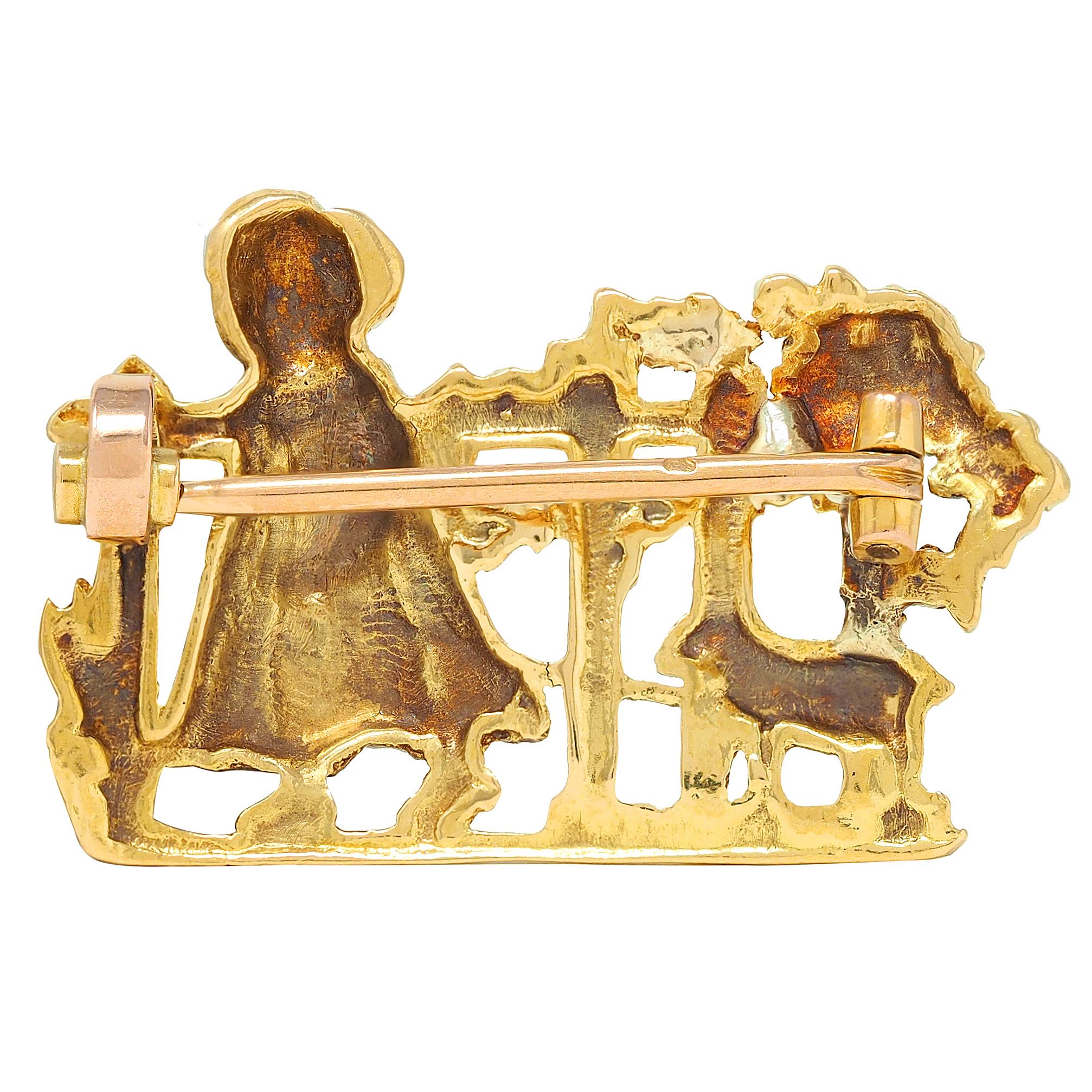 1960's French 18 Karat Yellow Gold Child Pulling Toy Vintage Brooch