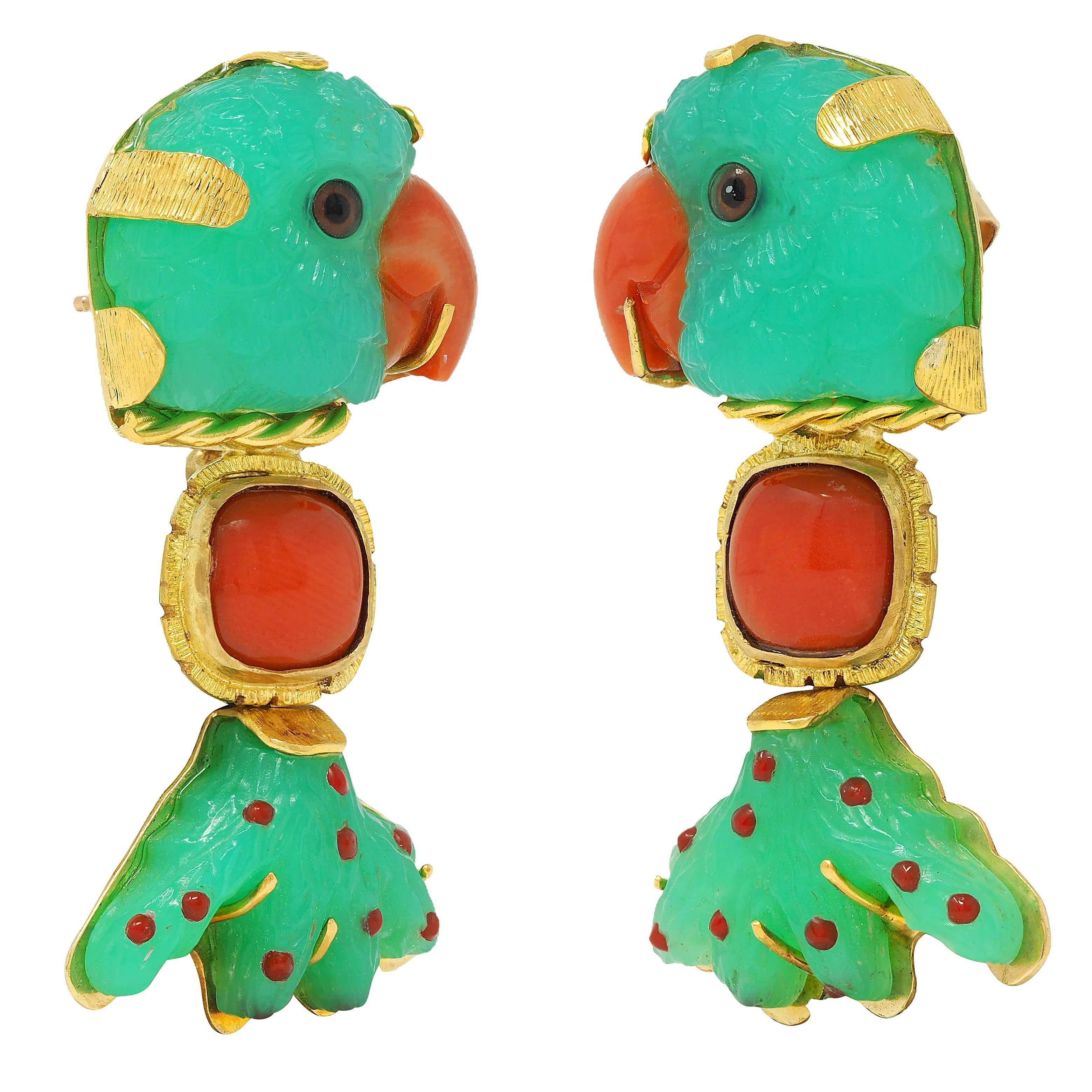 1970 Chrysoprase Coral Resin 22 Karat Gold Day-To-Night Vintage Parrot Earrings