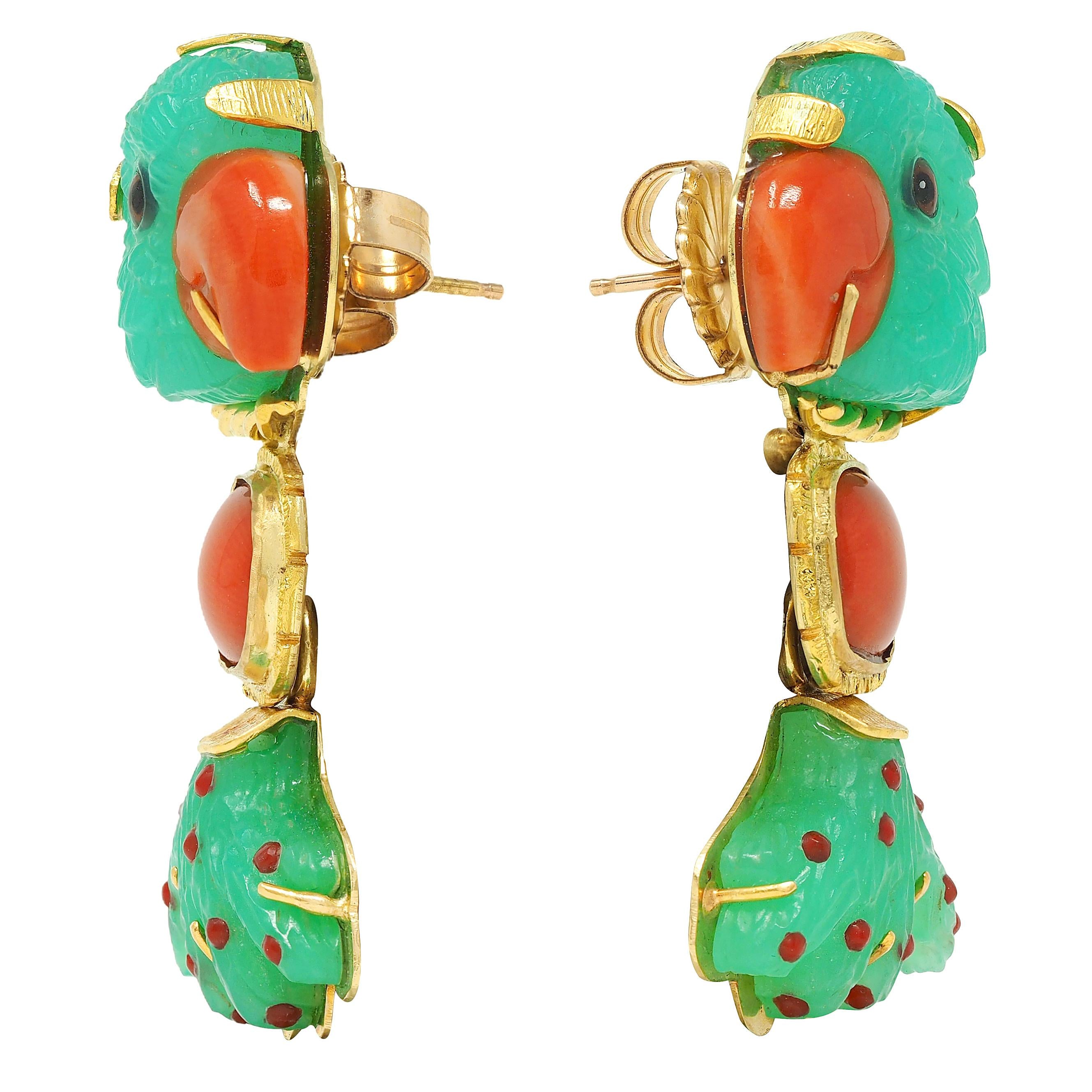1970 Chrysoprase Coral Resin 22 Karat Gold Day-To-Night Vintage Parrot Earrings