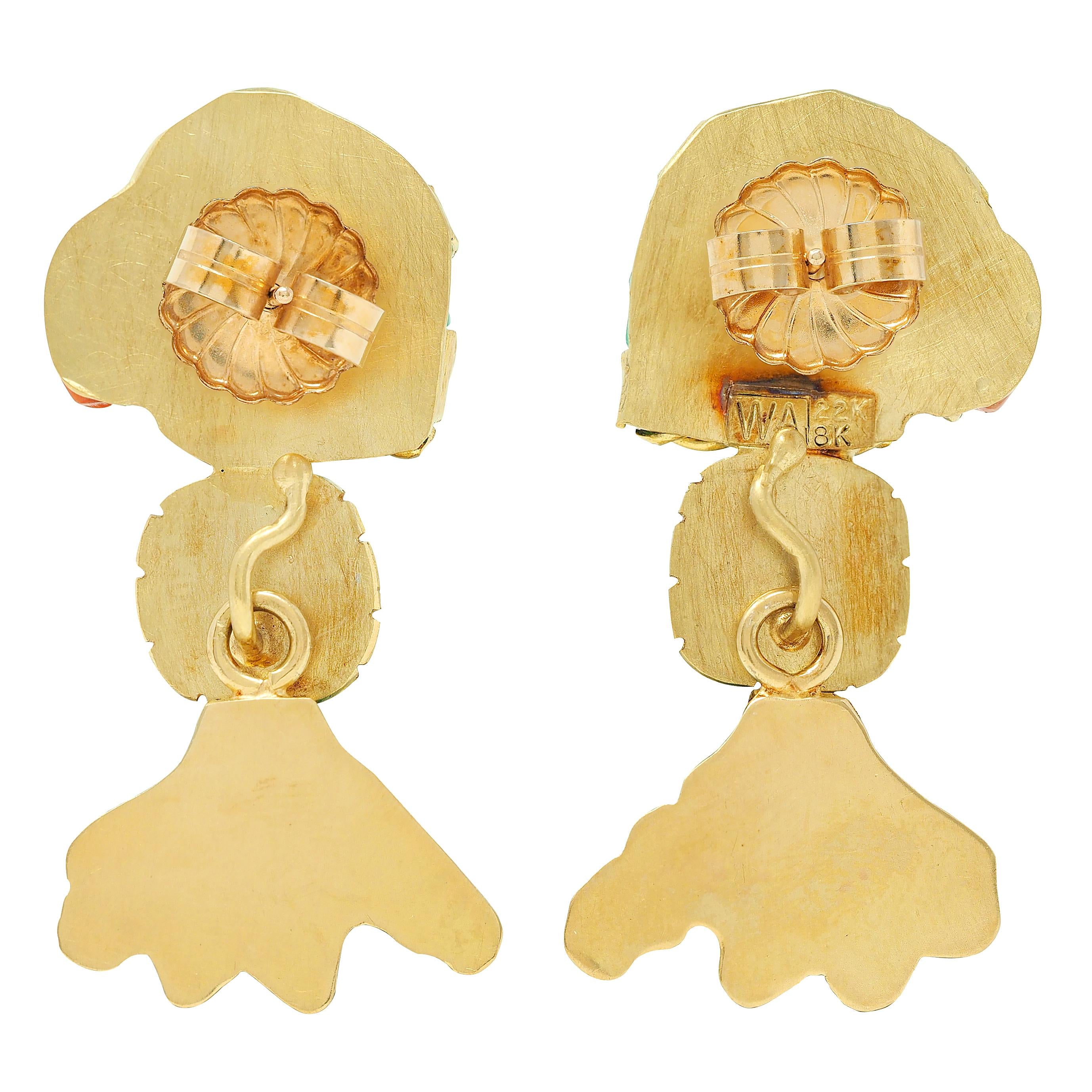1970 Chrysoprase Coral Resin 22 Karat Gold Day-To-Night Vintage Parrot Earrings