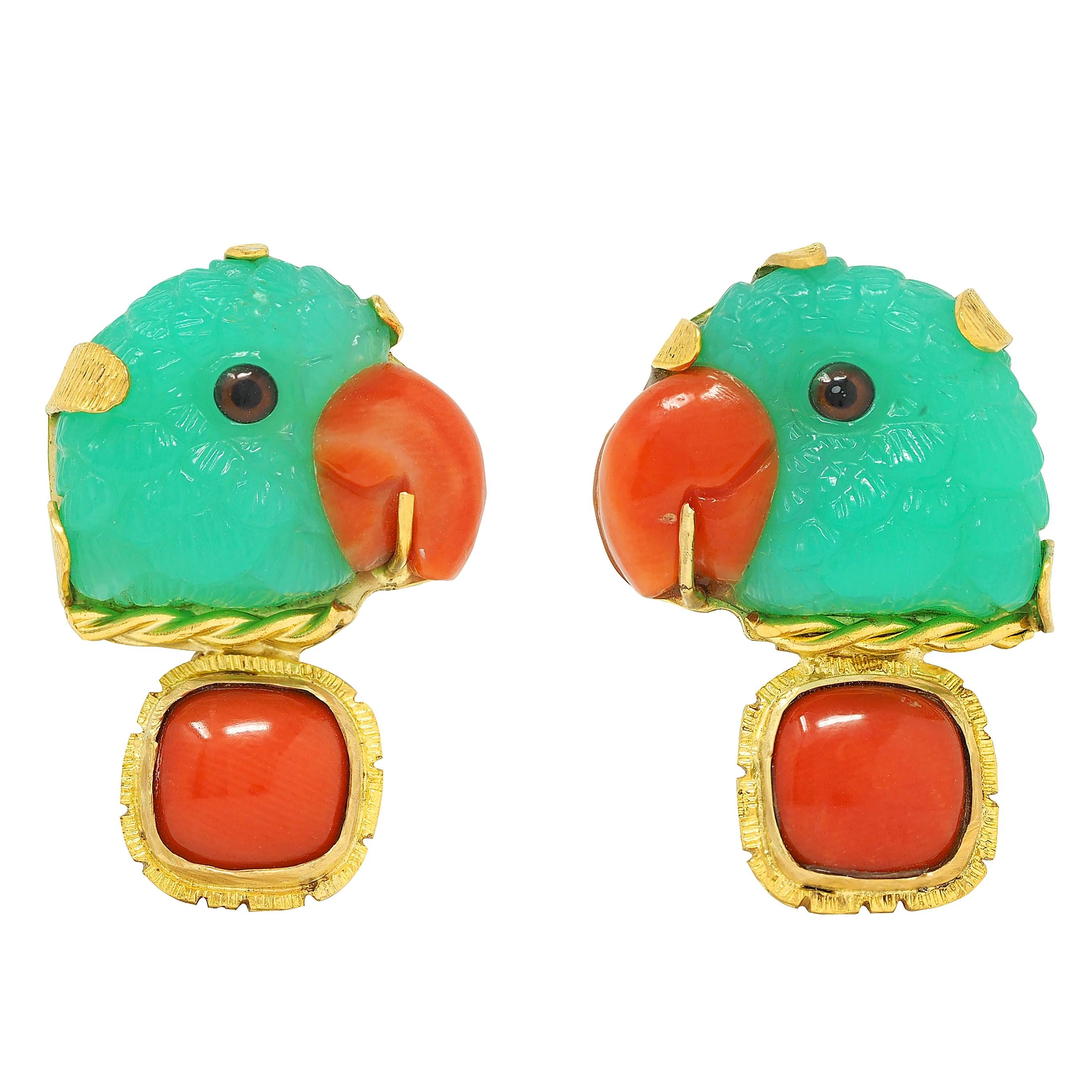 1970 Chrysoprase Coral Resin 22 Karat Gold Day-To-Night Vintage Parrot Earrings