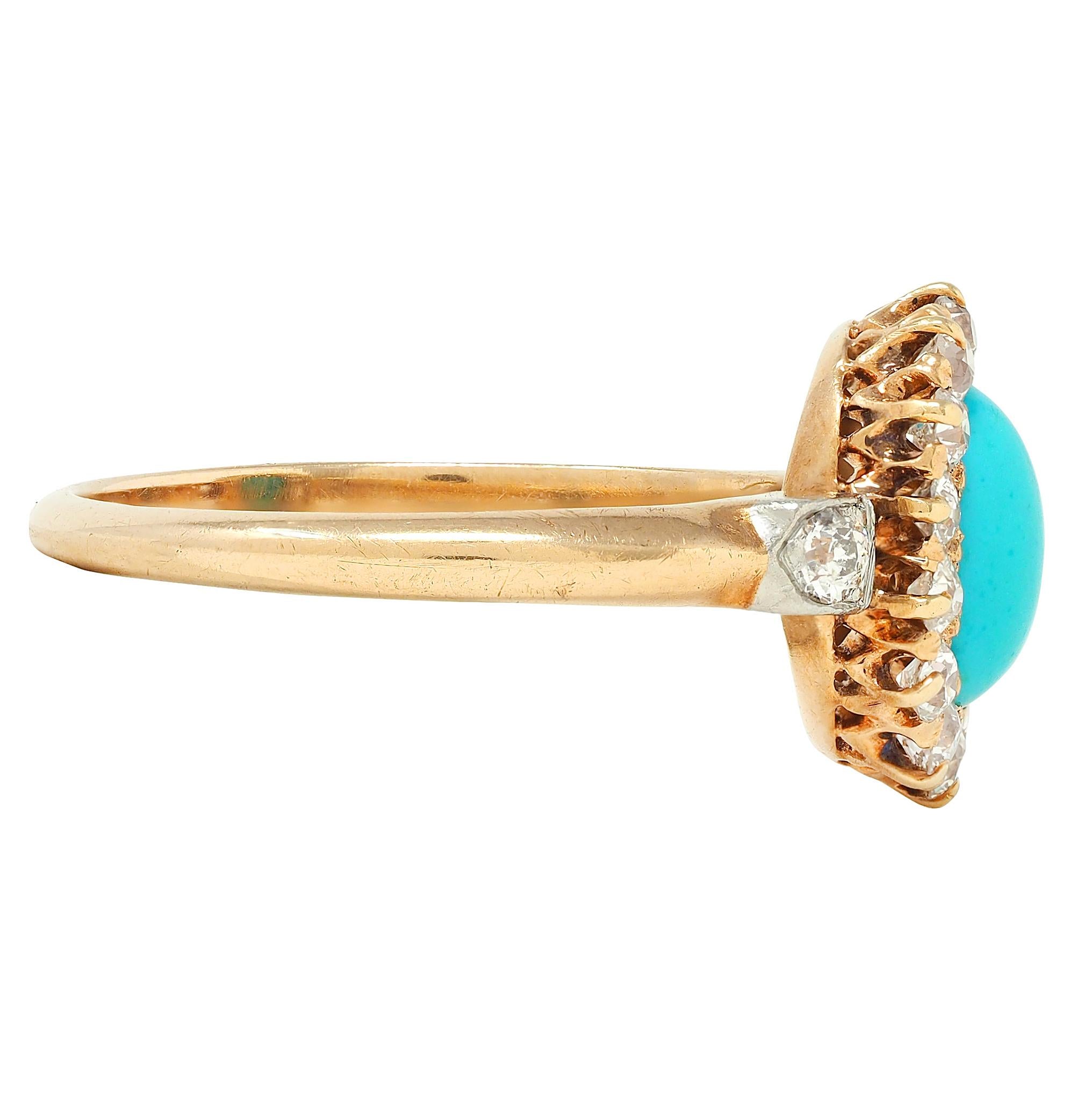 Edwardian Diamond Turquoise Platinum 14 Karat Yellow Gold Antique Halo Ring