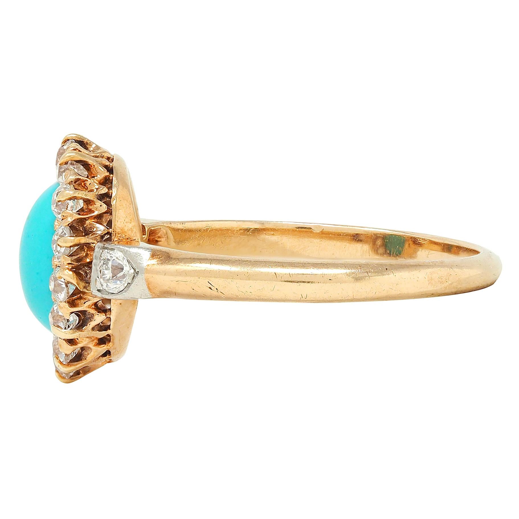 Edwardian Diamond Turquoise Platinum 14 Karat Yellow Gold Antique Halo Ring