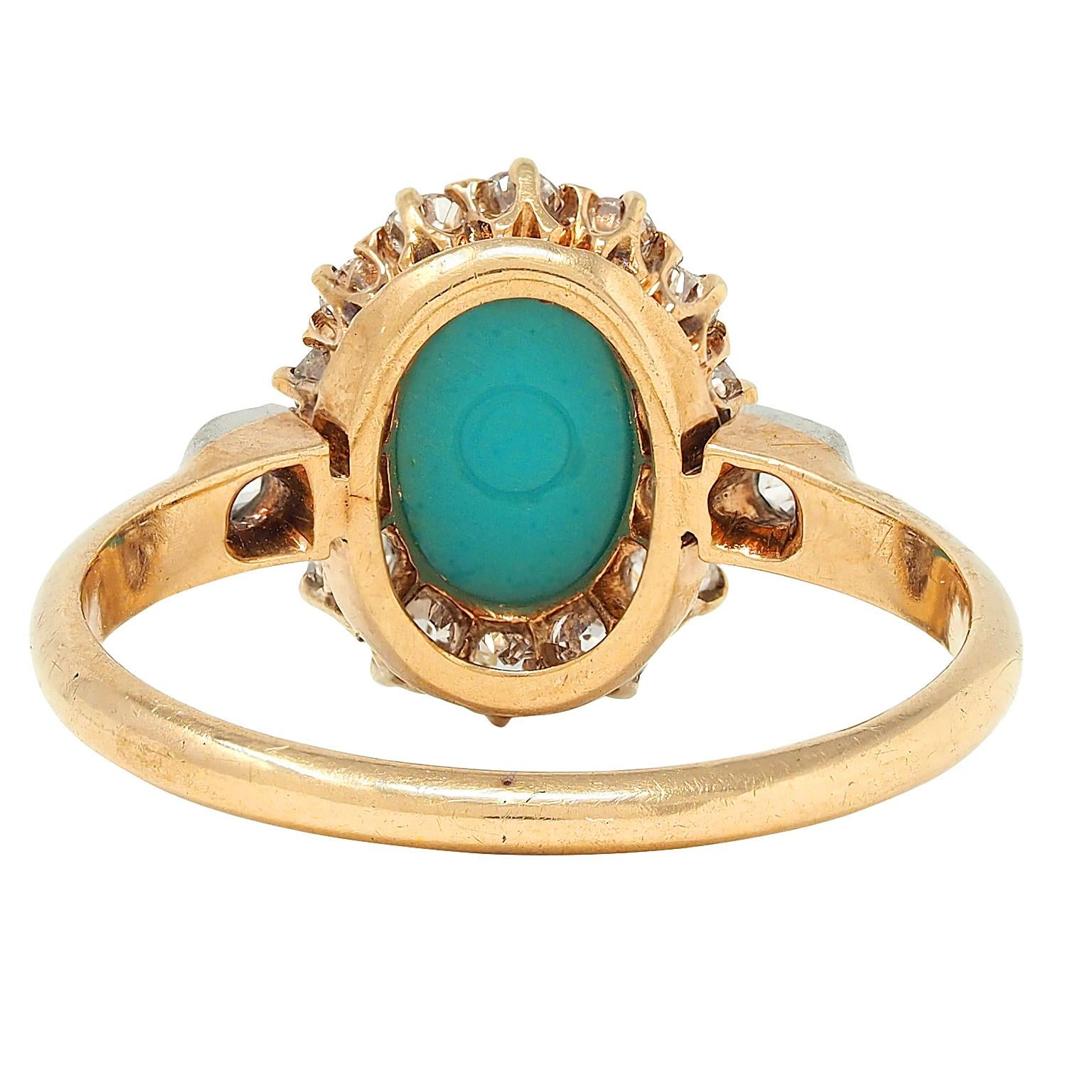 Edwardian Diamond Turquoise Platinum 14 Karat Yellow Gold Antique Halo Ring