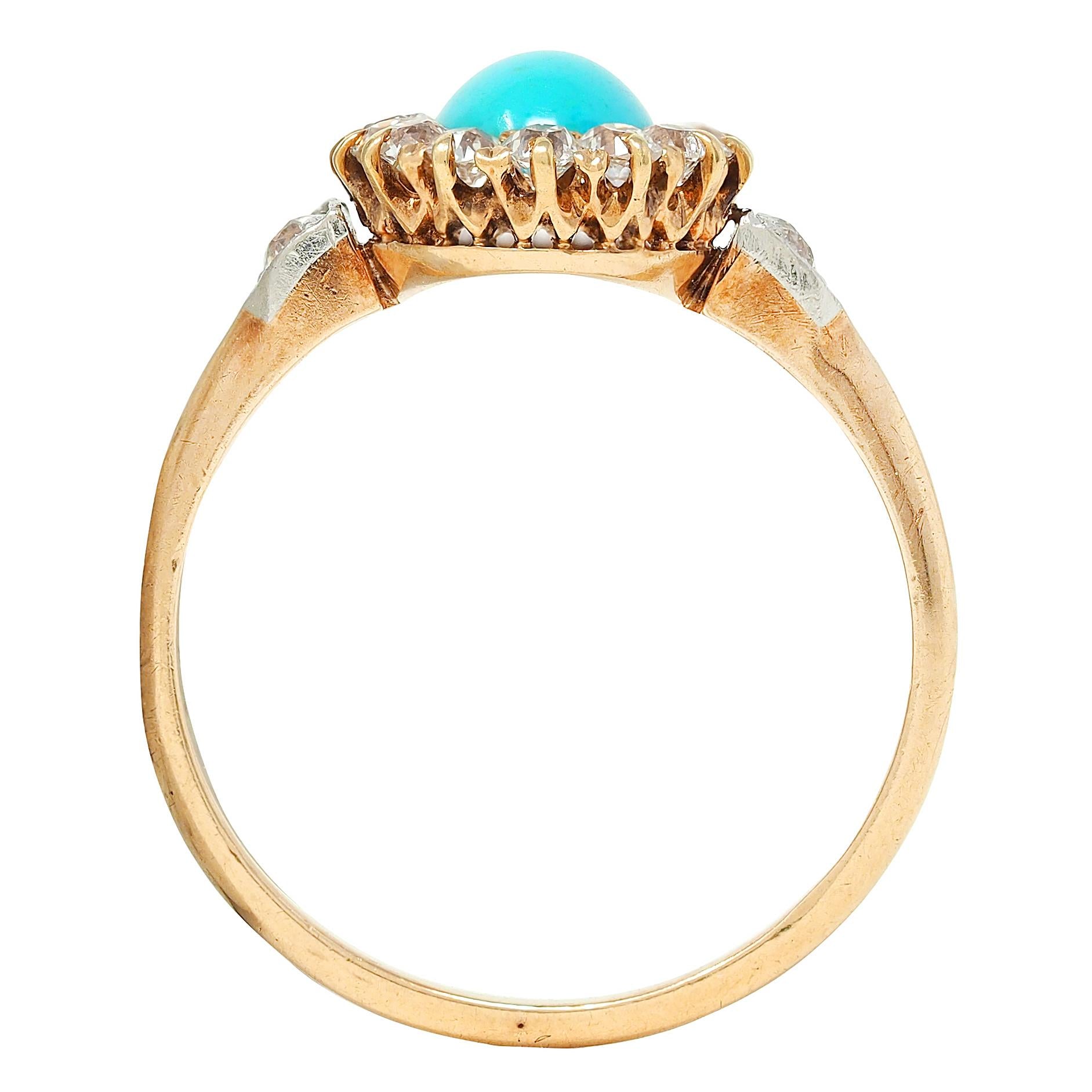 Edwardian Diamond Turquoise Platinum 14 Karat Yellow Gold Antique Halo Ring