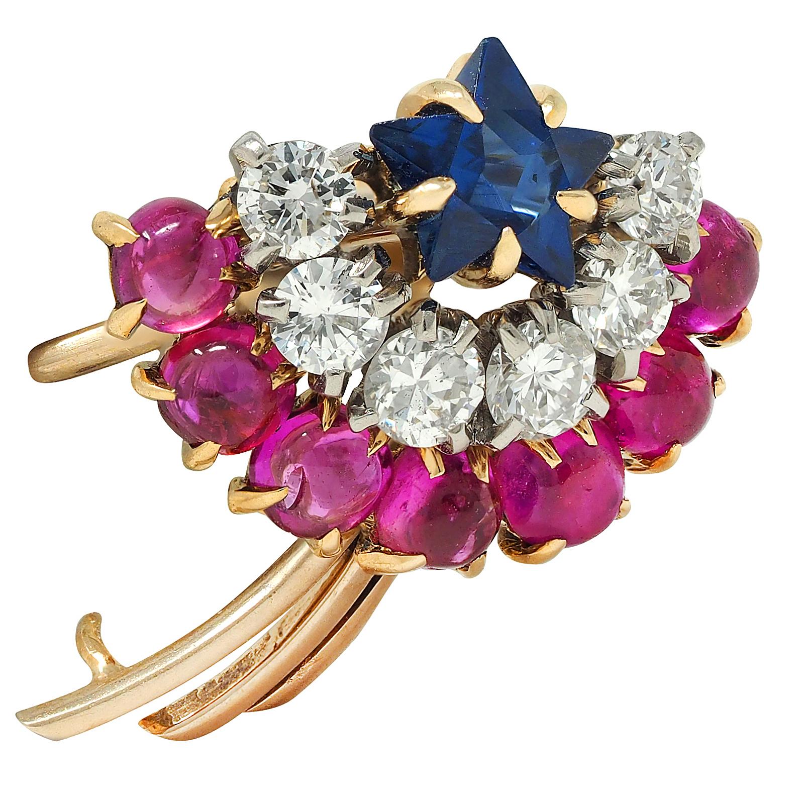 Cartier Retro 14K Yellow Gold Diamond Ruby Sapphire Vintage Shooting Star Brooch
