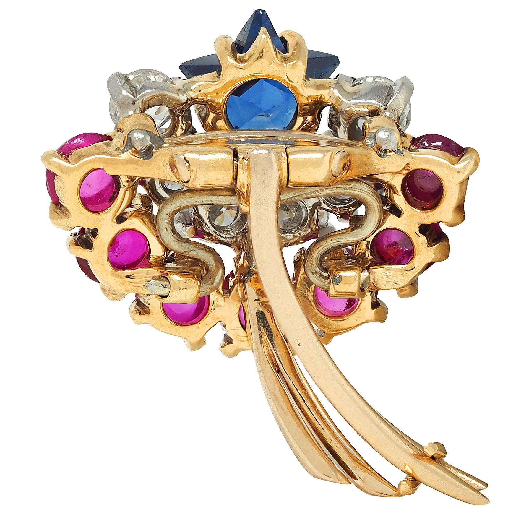 Cartier Retro 14K Yellow Gold Diamond Ruby Sapphire Vintage Shooting Star Brooch