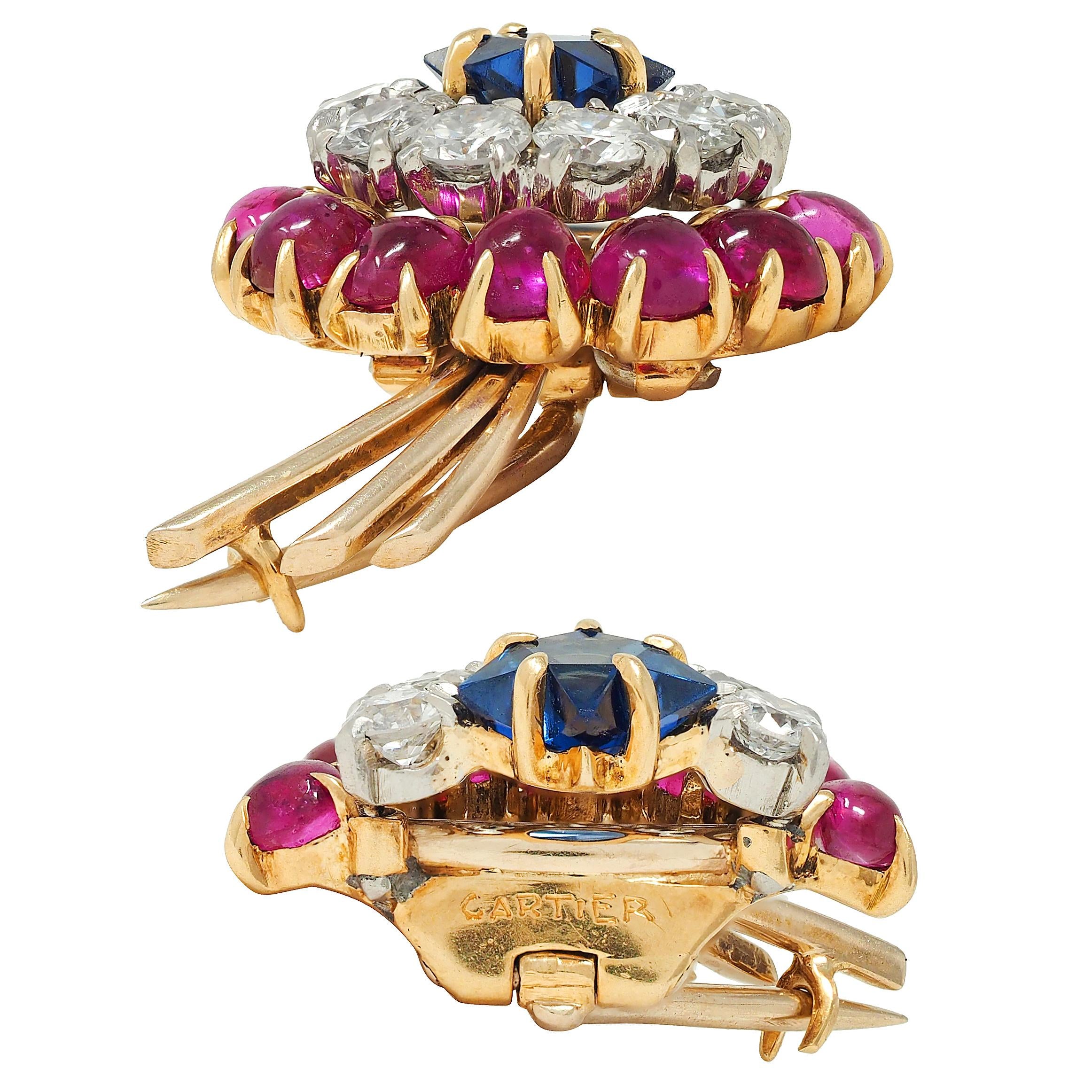 Cartier Retro 14K Yellow Gold Diamond Ruby Sapphire Vintage Shooting Star Brooch