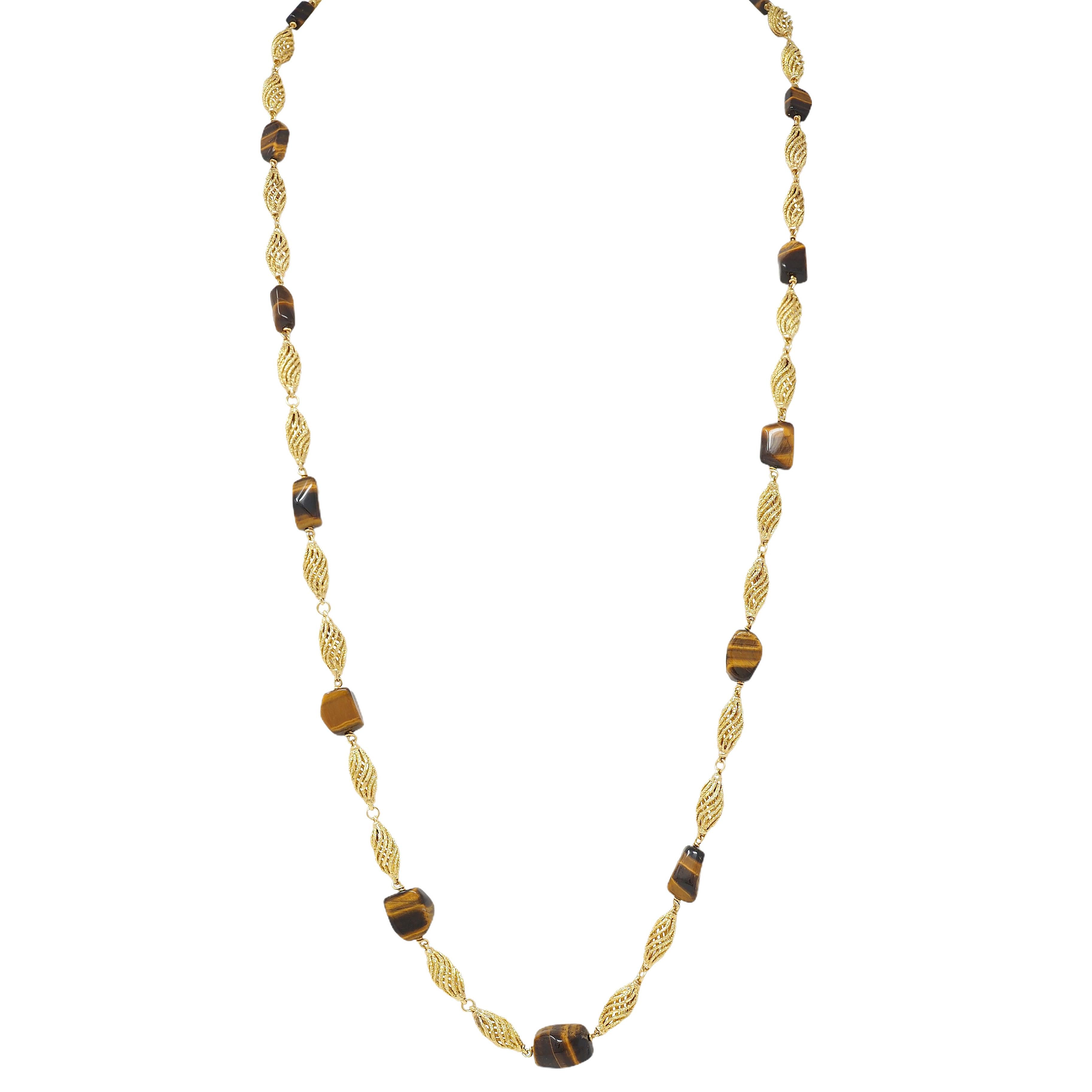 1970's Tiger's Eye Quartz 18 Karat Yellow Gold Vintage Beaded Station Chain Neck