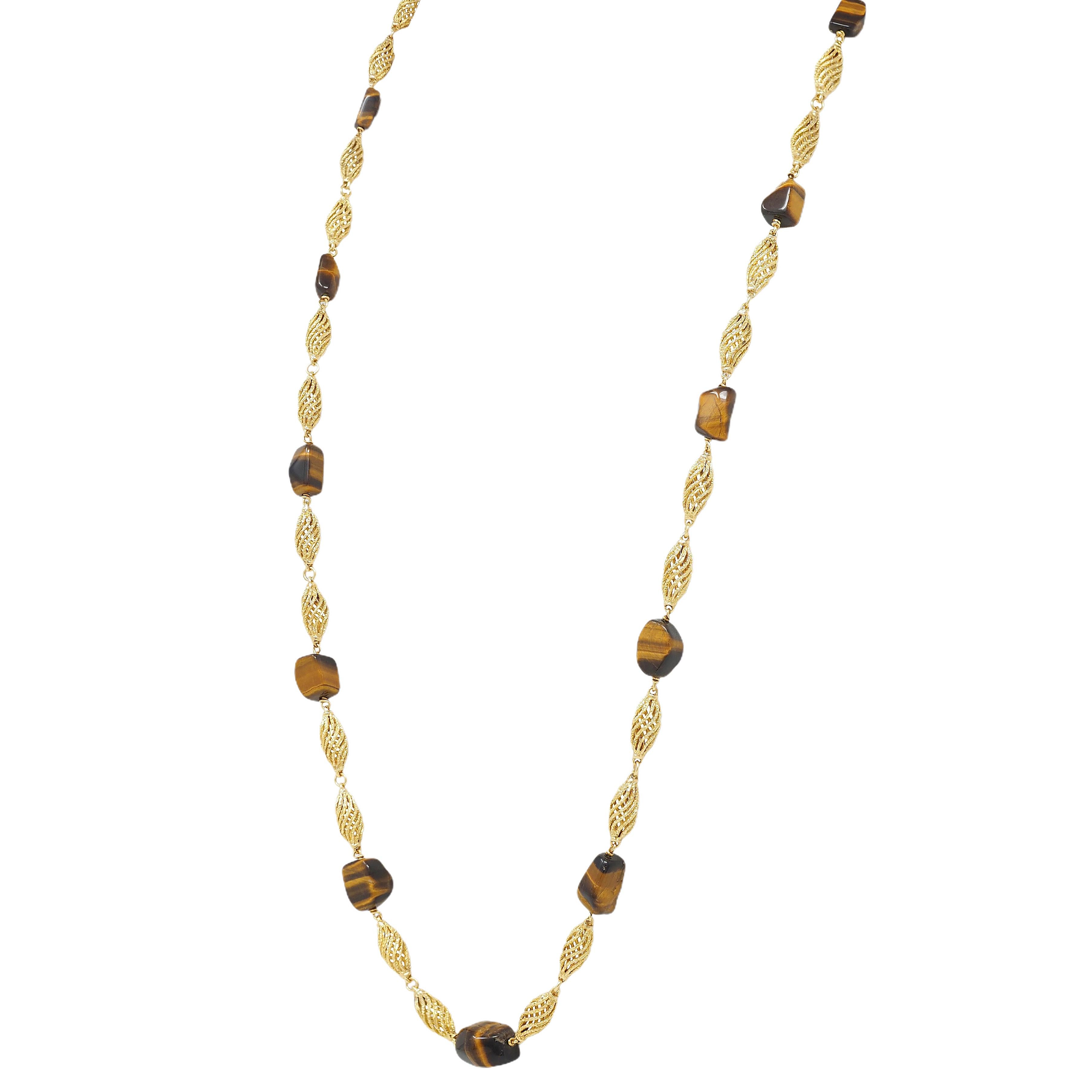 1970's Tiger's Eye Quartz 18 Karat Yellow Gold Vintage Beaded Station Chain Neck