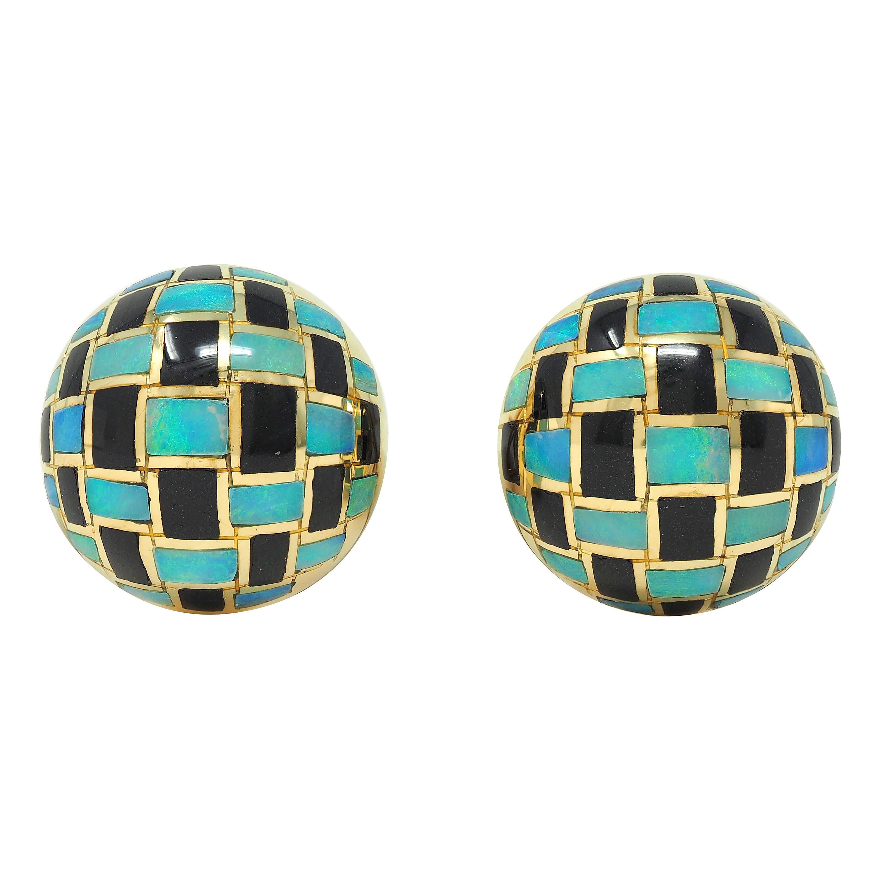 Tiffany & Co. 1980's Opal Onyx Inlay 18K Gold Vintage Checkerboard Earrings