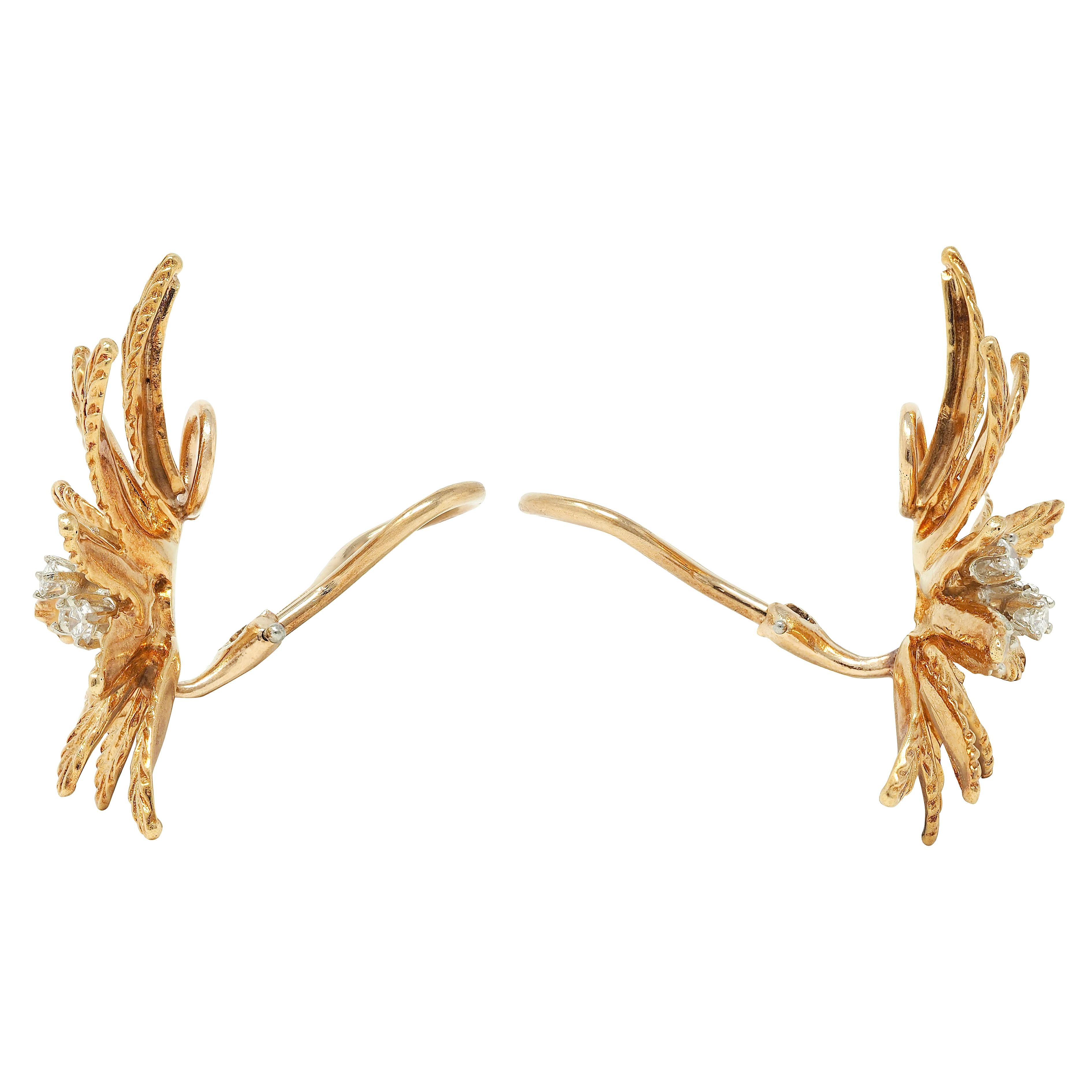 Tiffany & Co. Mid-Century Diamond 18 Karat Two-Tone Gold Vintage Flower Earrings