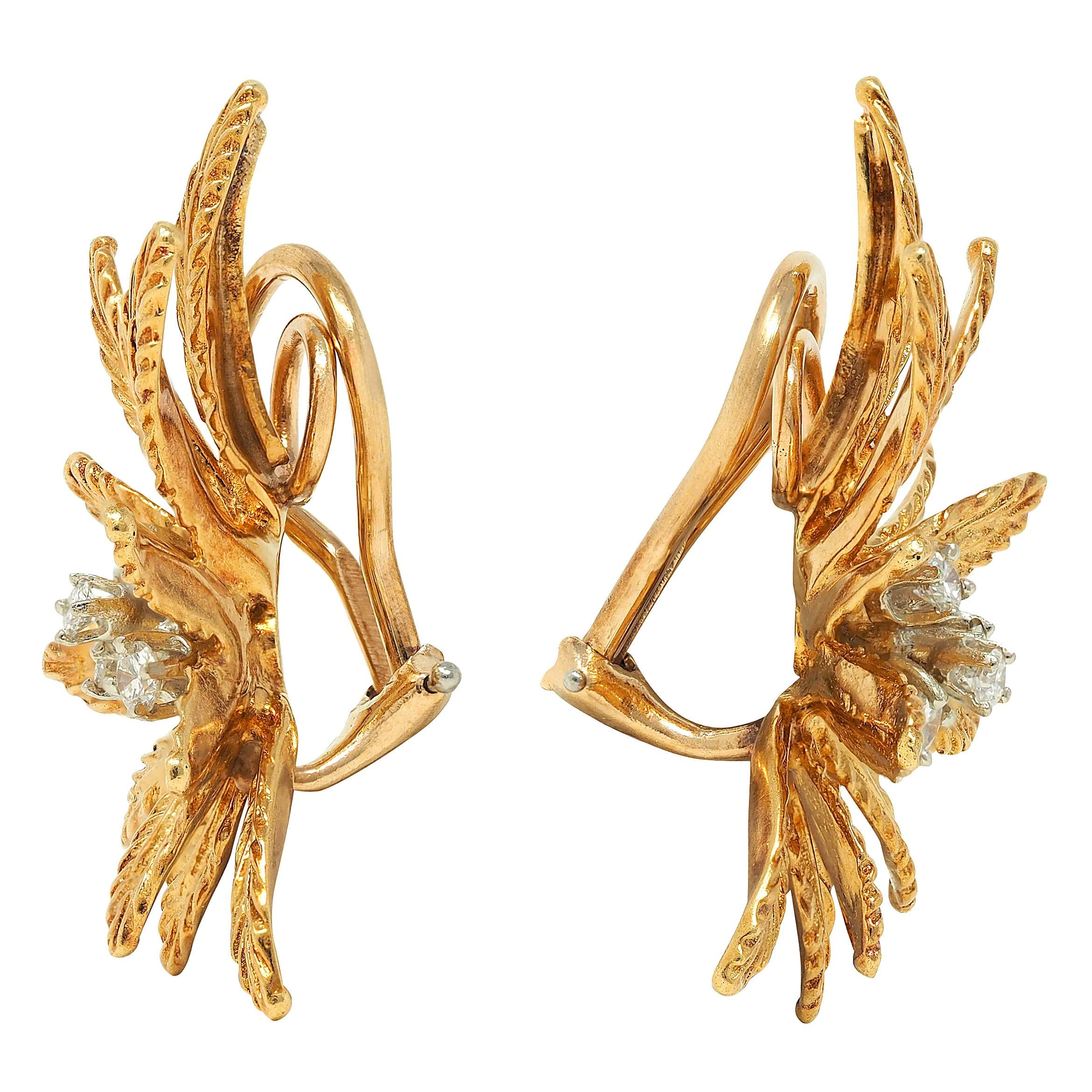 Tiffany & Co. Mid-Century Diamond 18 Karat Two-Tone Gold Vintage Flower Earrings