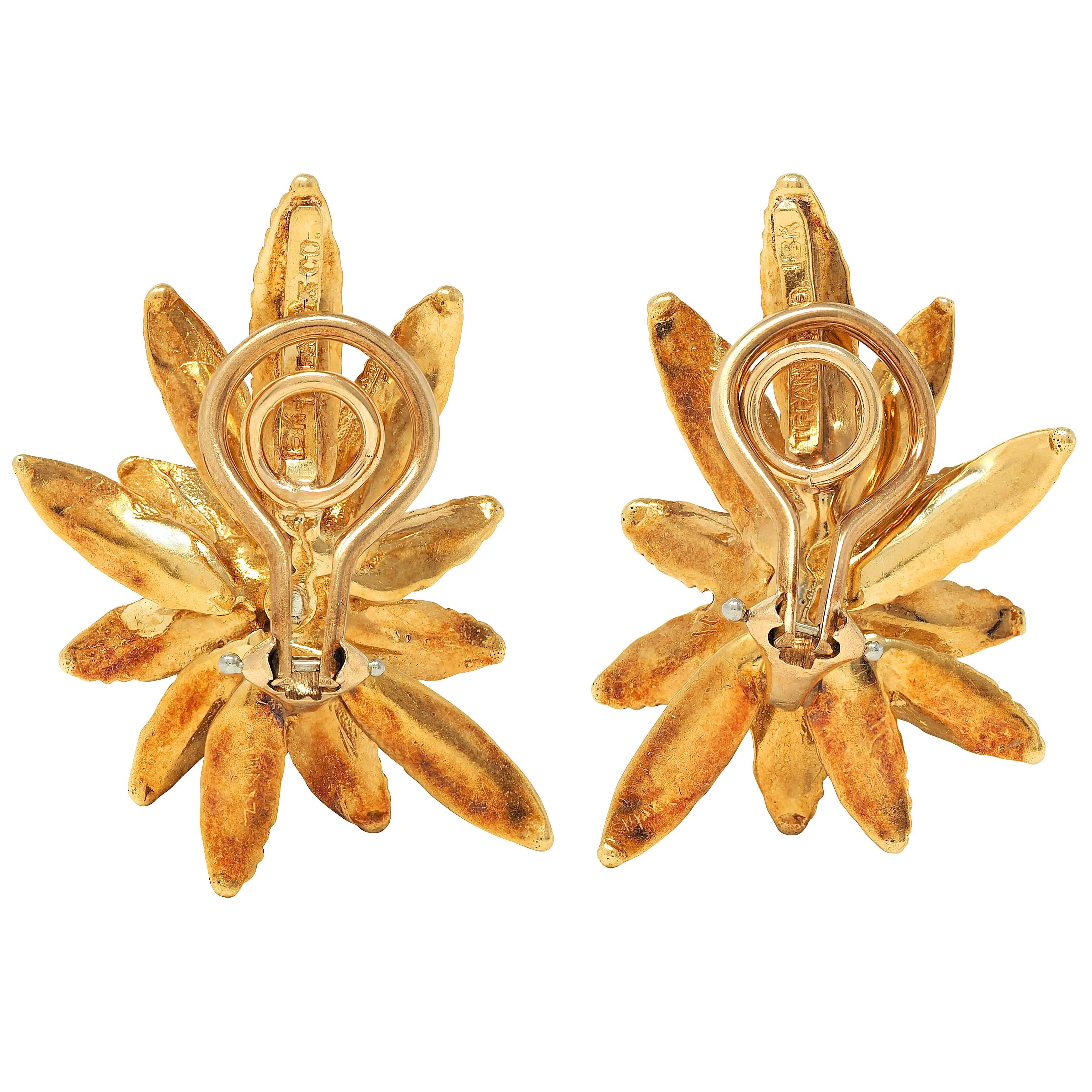 Tiffany & Co. Mid-Century Diamond 18 Karat Two-Tone Gold Vintage Flower Earrings