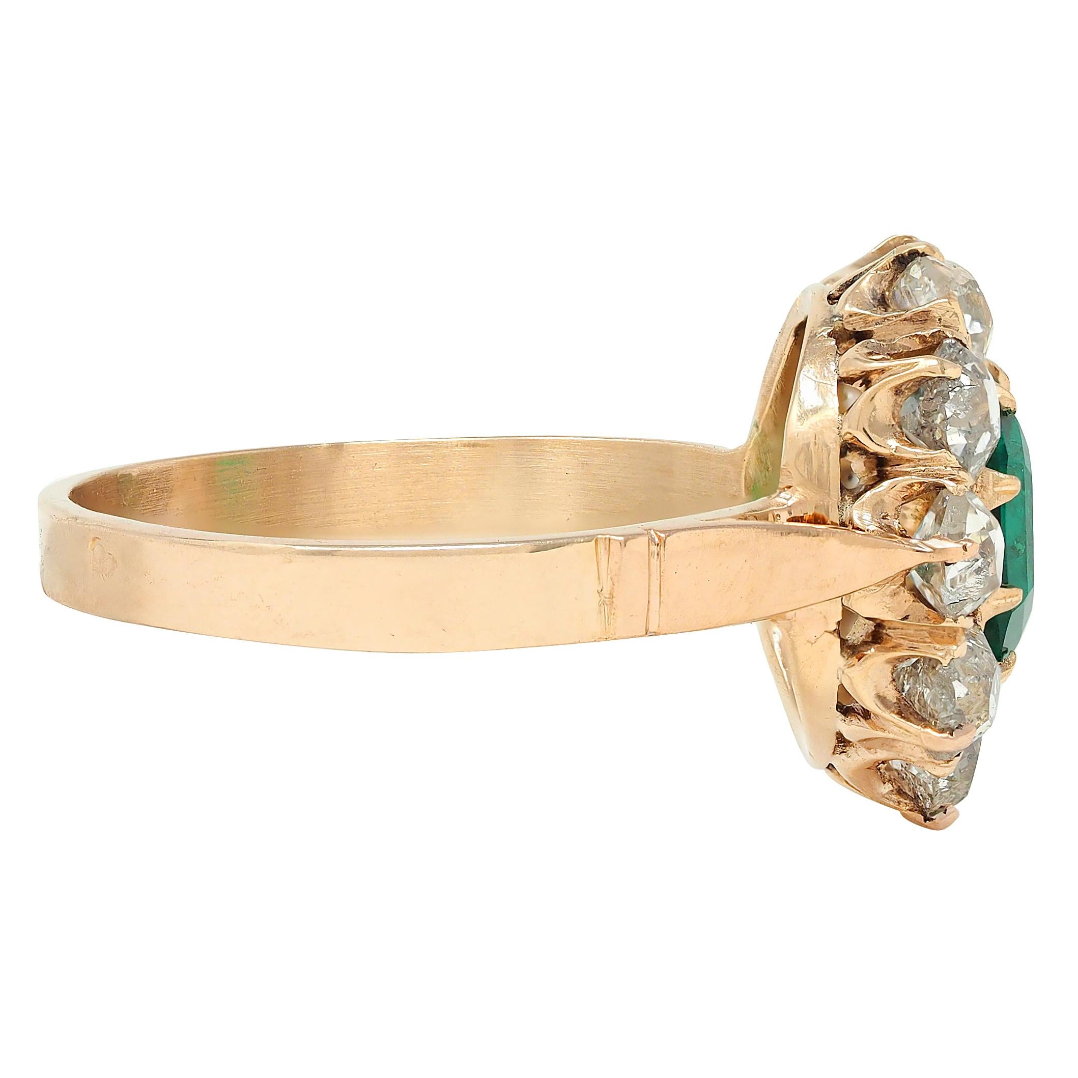 Victorian 2.79 CTW Colombian Emerald Diamond 14 Karat Yellow Gold Antique Ring