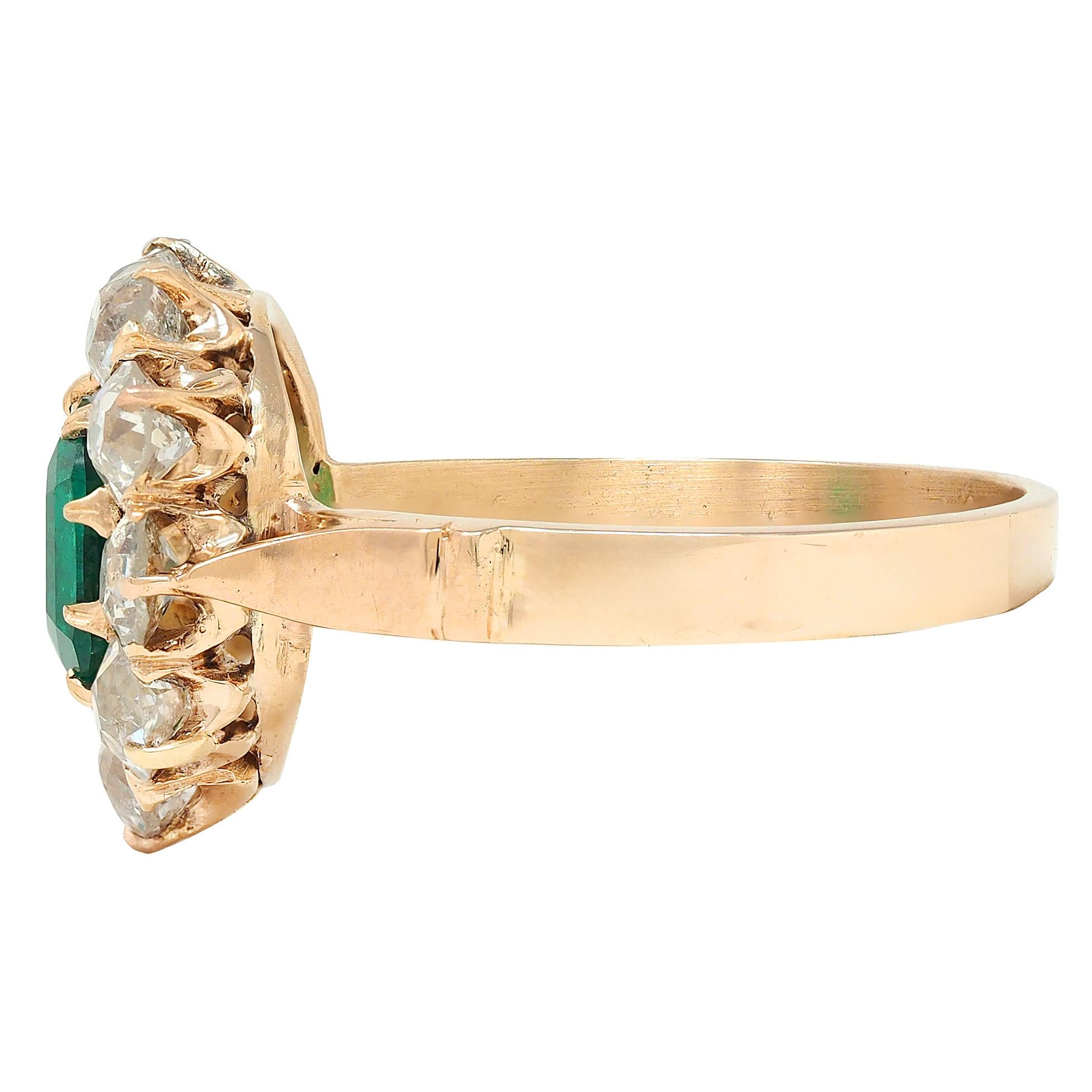 Victorian 2.79 CTW Colombian Emerald Diamond 14 Karat Yellow Gold Antique Ring