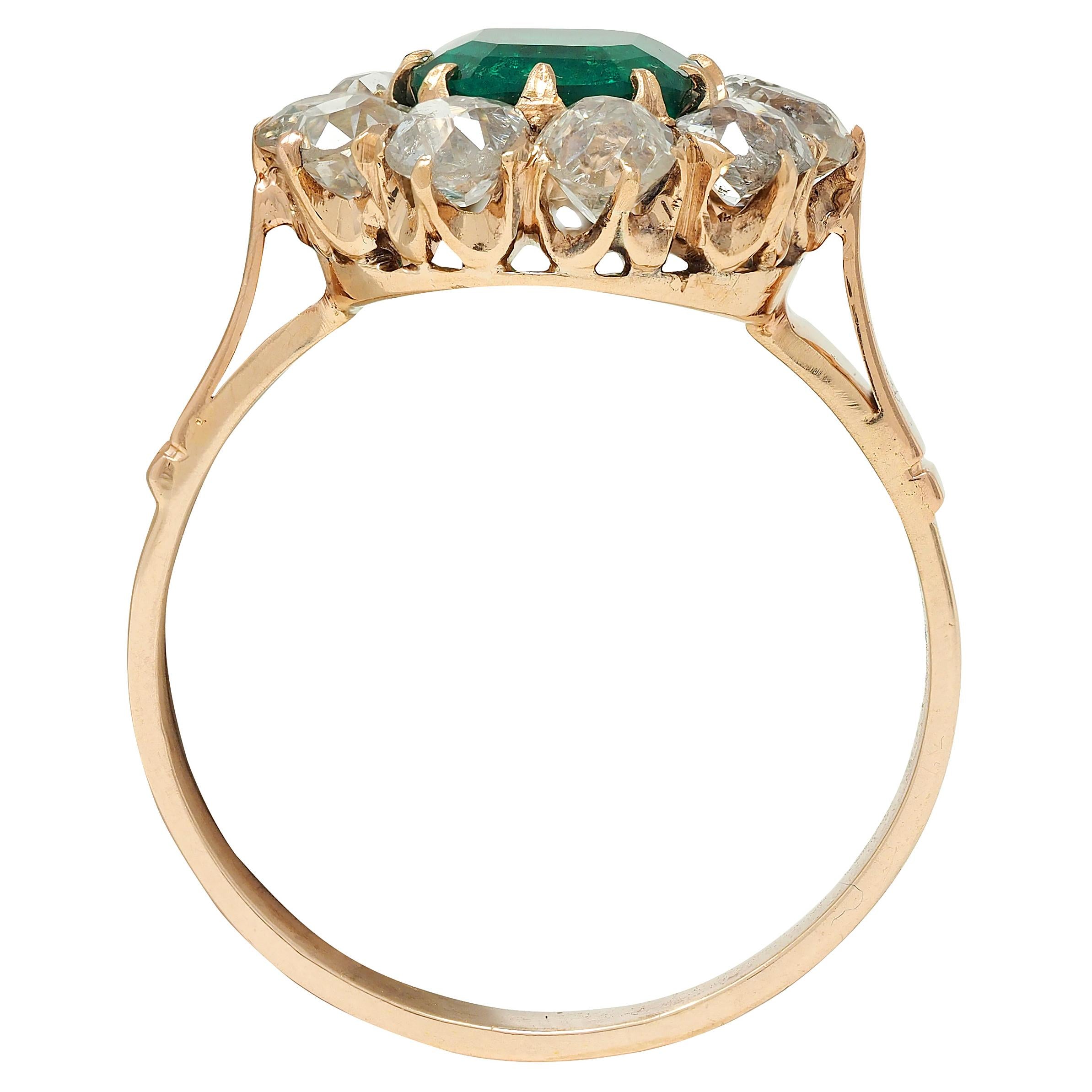 Victorian 2.79 CTW Colombian Emerald Diamond 14 Karat Yellow Gold Antique Ring