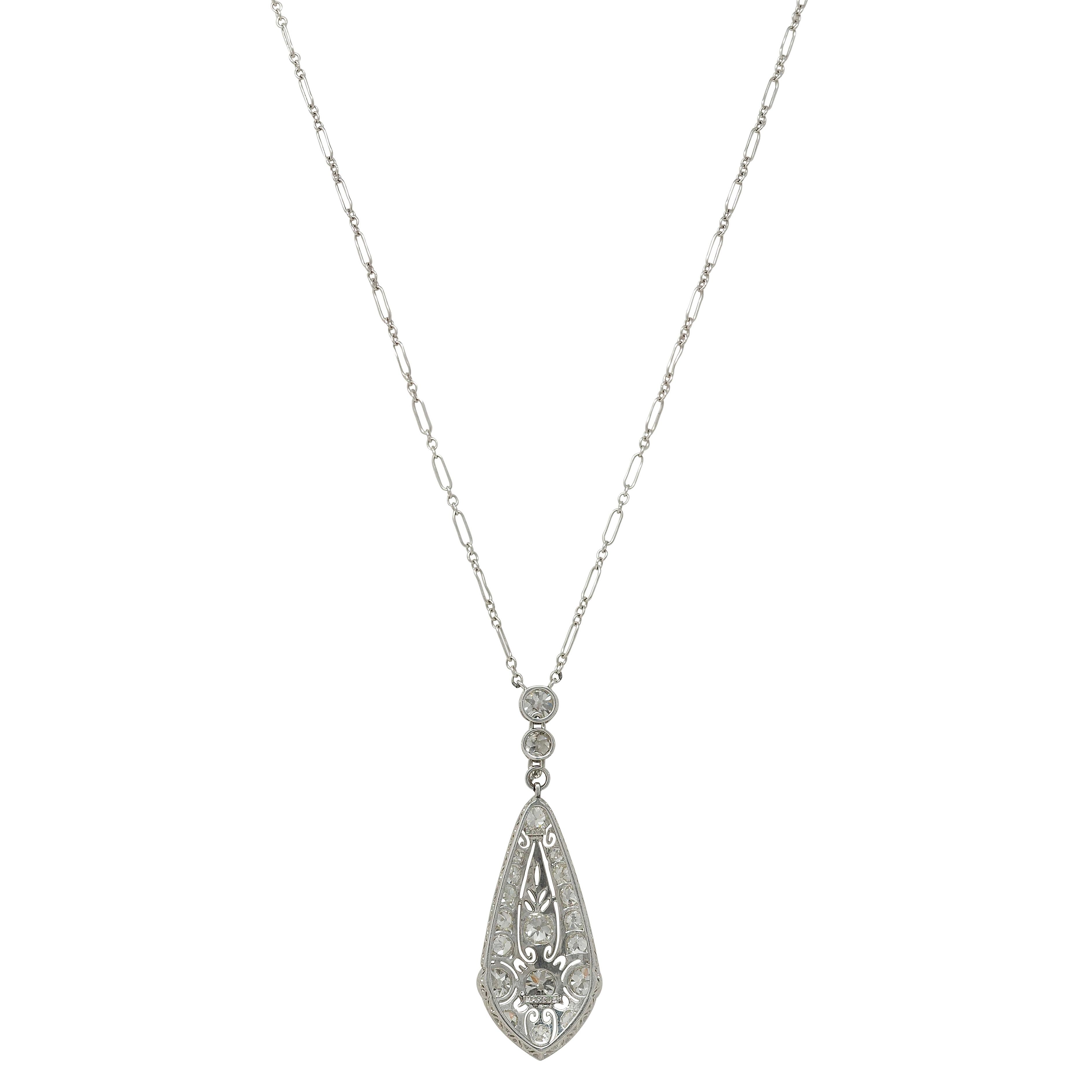 Marcus & Co. Art Deco Diamond 20K Gold Antique Foliate Pendant Station Necklace