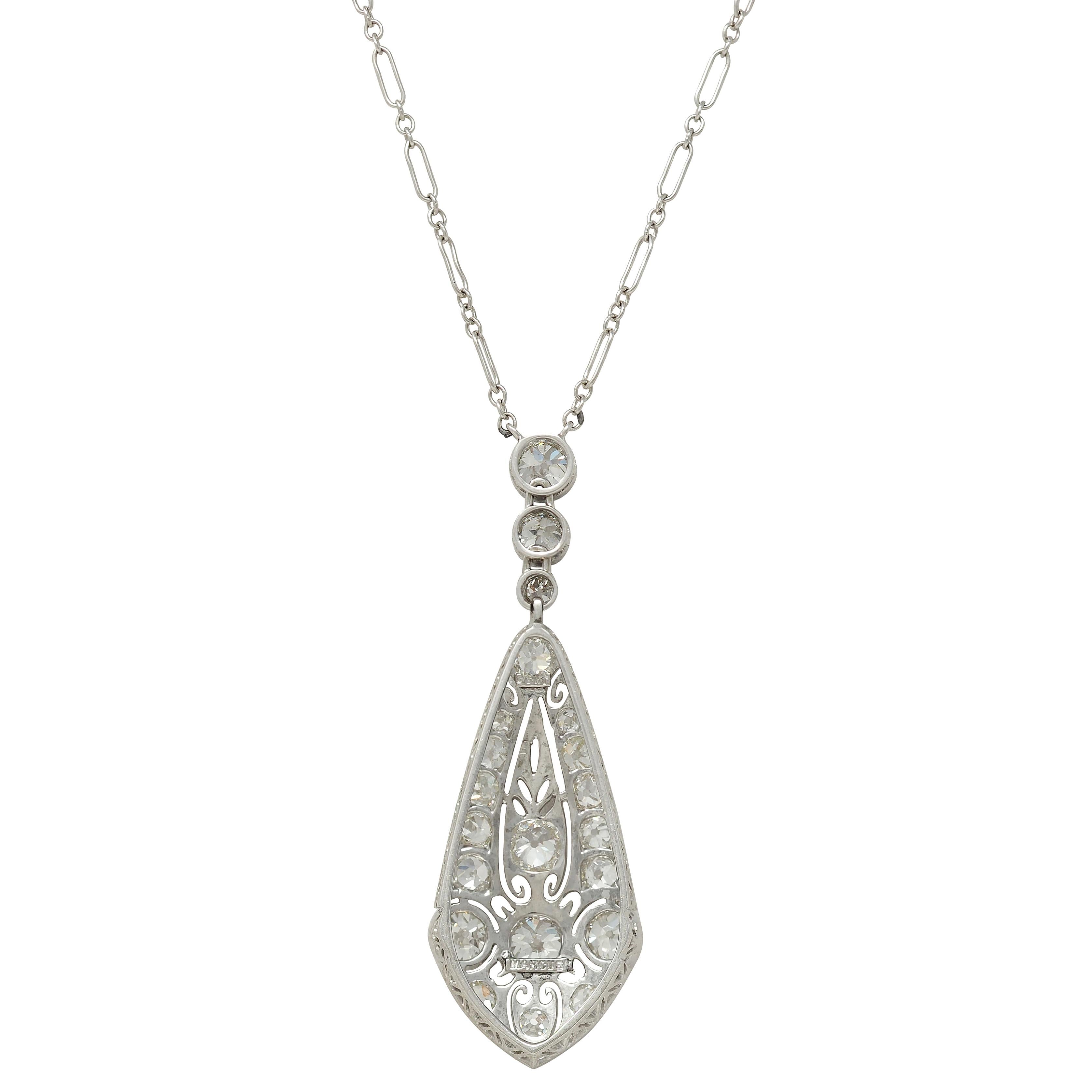 Marcus & Co. Art Deco Diamond 20K Gold Antique Foliate Pendant Station Necklace