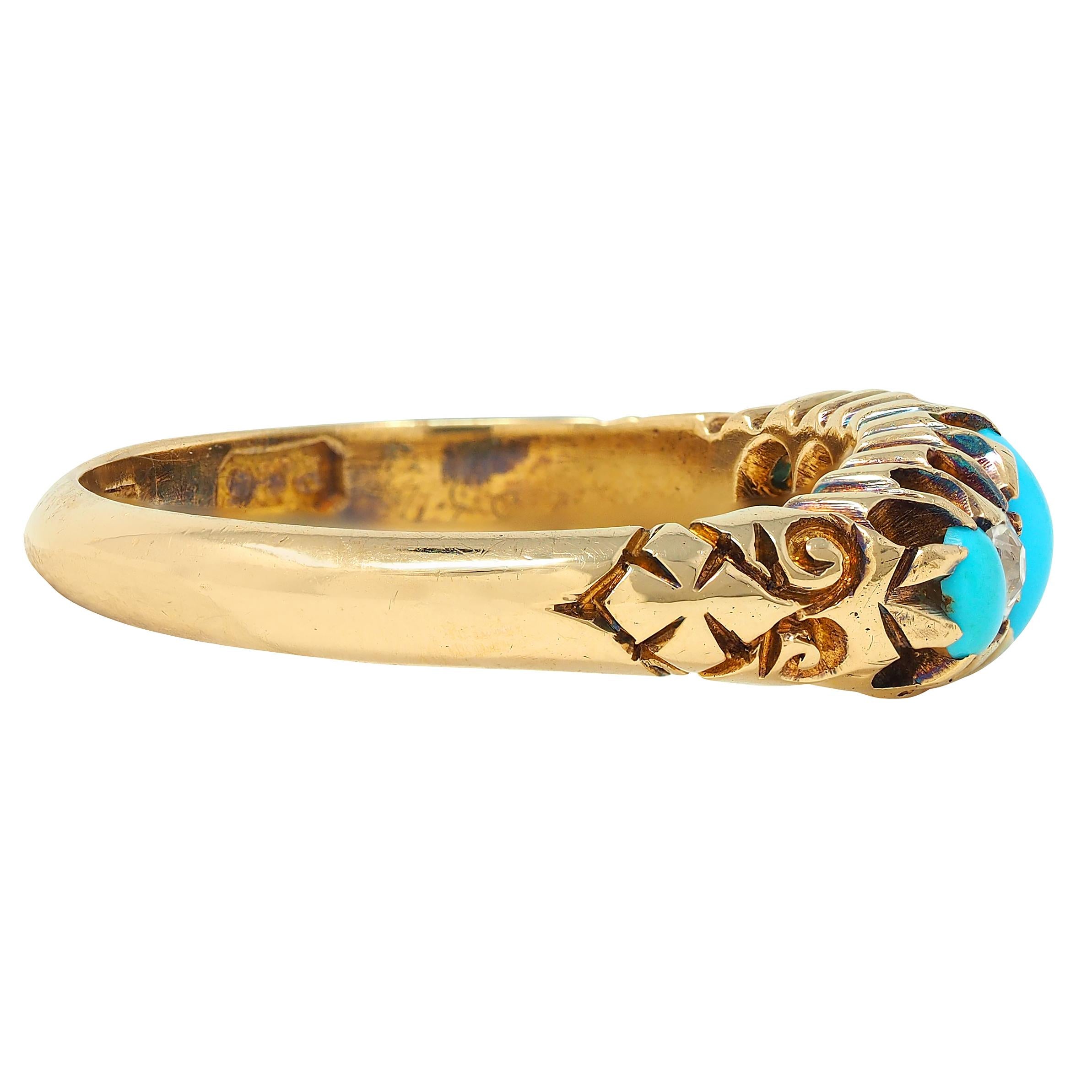 1919 Turquoise Diamond 18 Karat Yellow Gold Antique Five Stone Band Ring