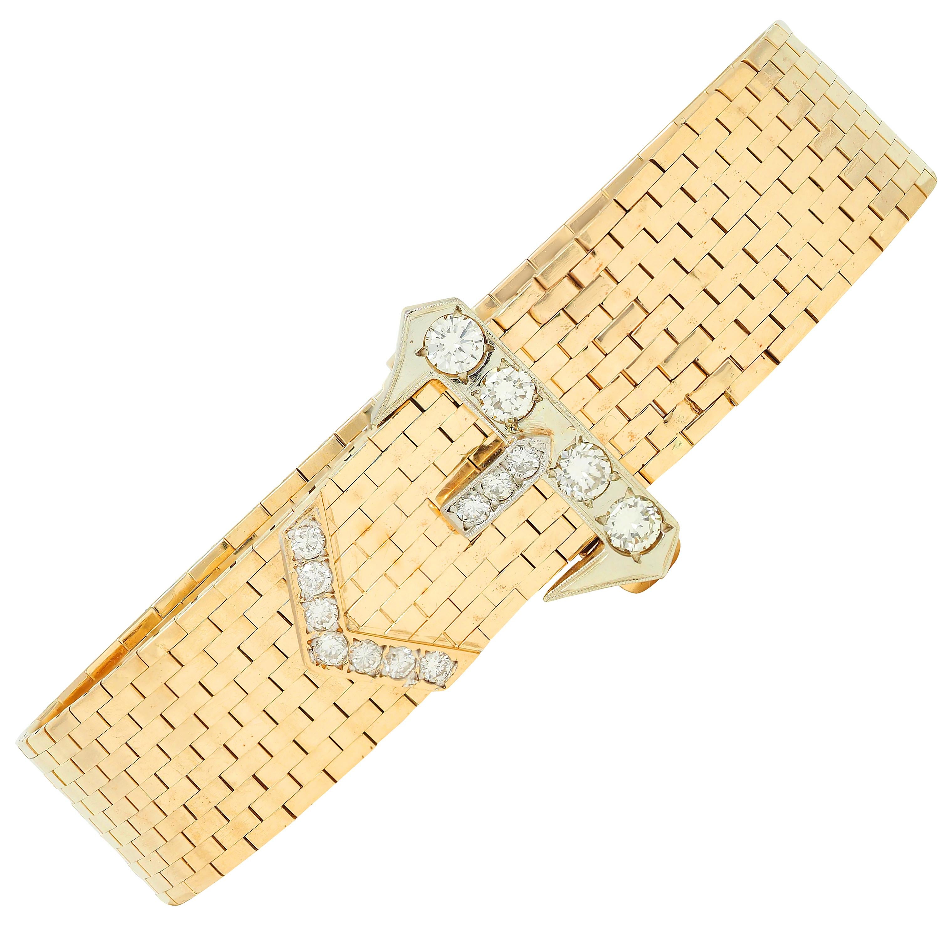 Retro 2.00 CTW Diamond 14 Karat Two-Tone Gold Vintage Mesh Buckle Bracelet