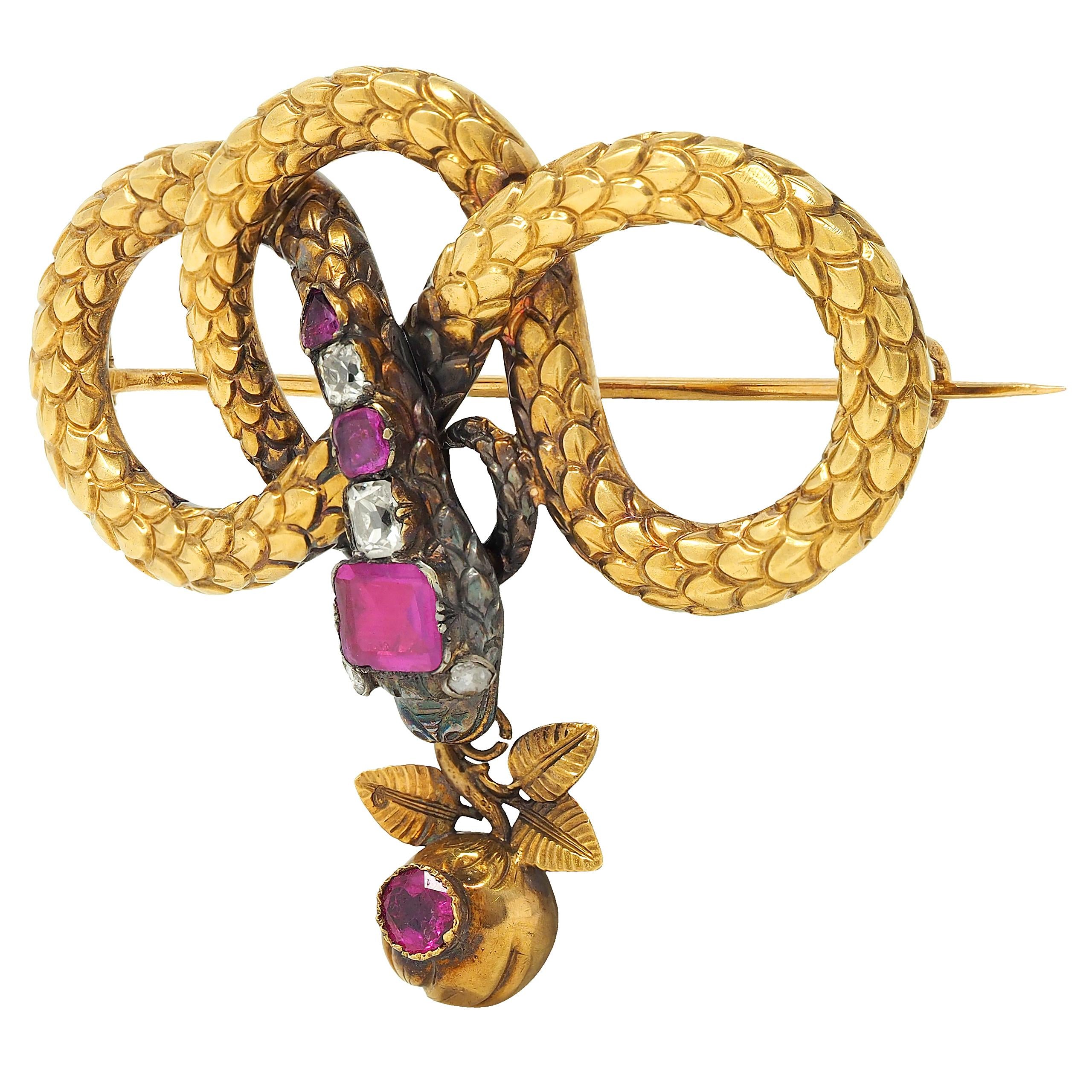 Georgian French Ruby Diamond 18 Karat Yellow Gold Antique Snake Knot Brooch