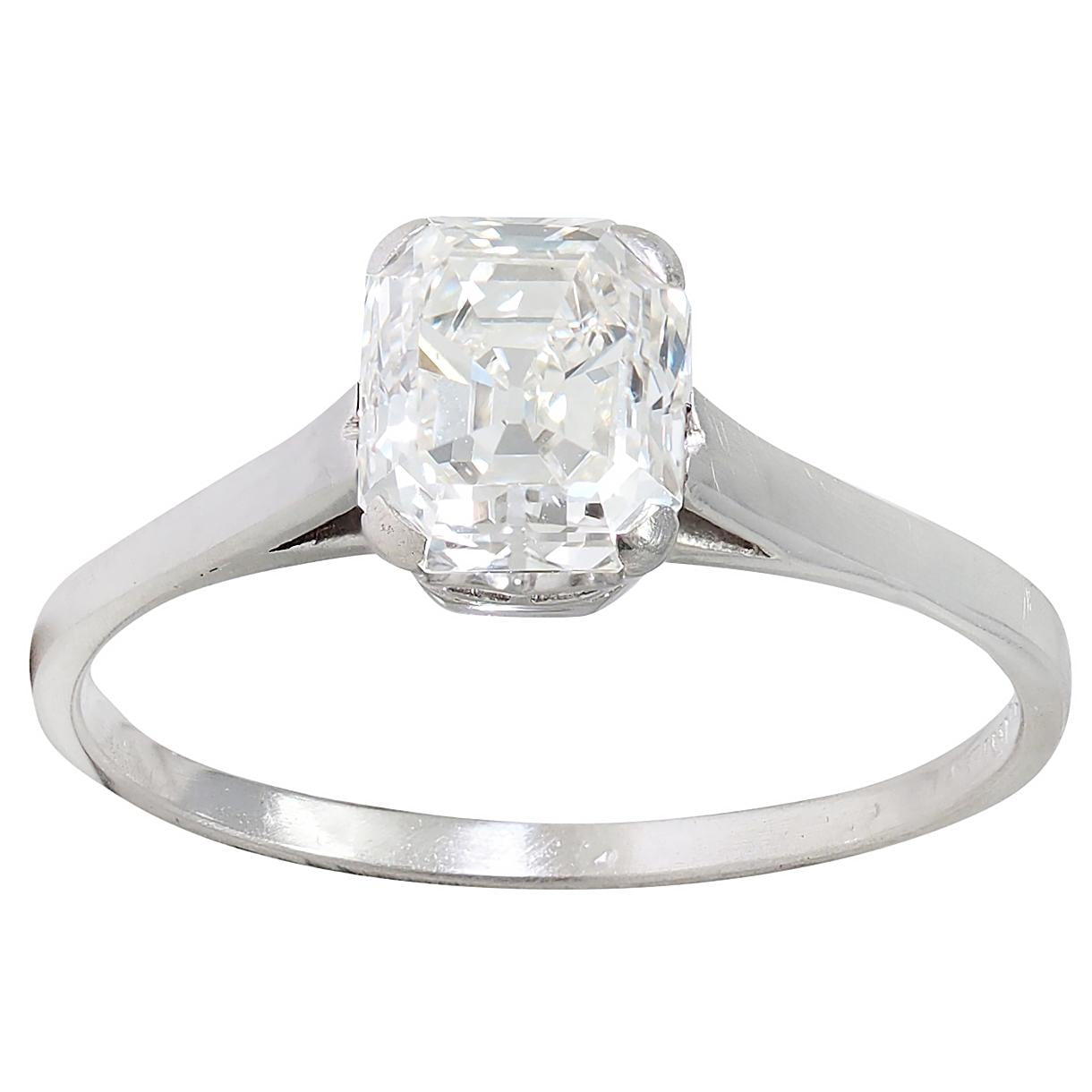 Art Deco Old Emerald Cut Diamond Platinum Vintage Solitaire Engagement Ring
