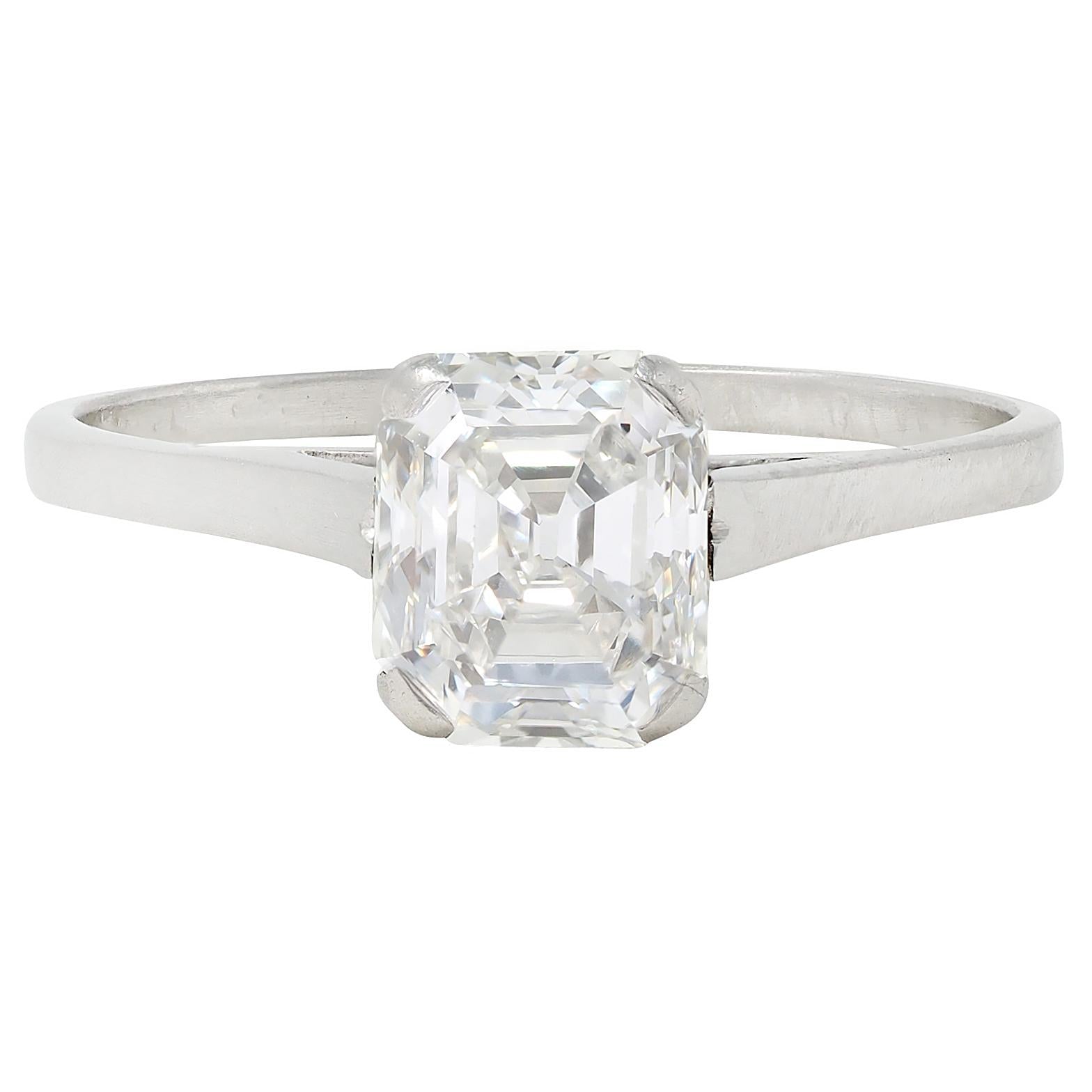 Art Deco Old Emerald Cut Diamond Platinum Vintage Solitaire Engagement Ring