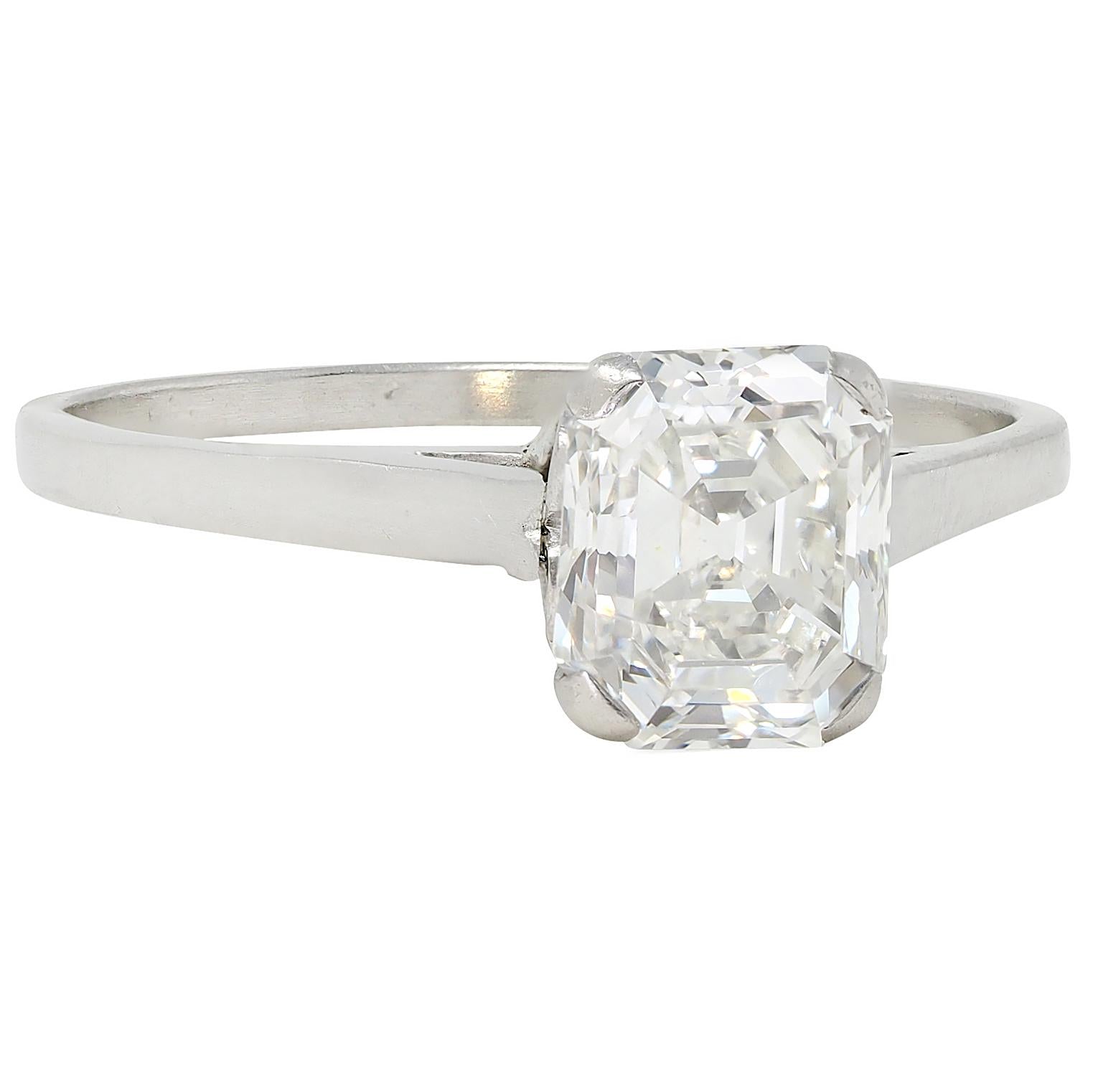 Art Deco Old Emerald Cut Diamond Platinum Vintage Solitaire Engagement Ring