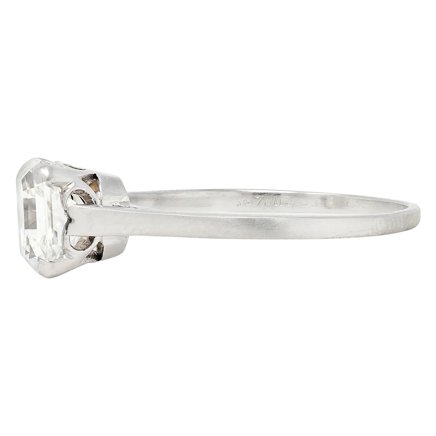 Art Deco Old Emerald Cut Diamond Platinum Vintage Solitaire Engagement Ring