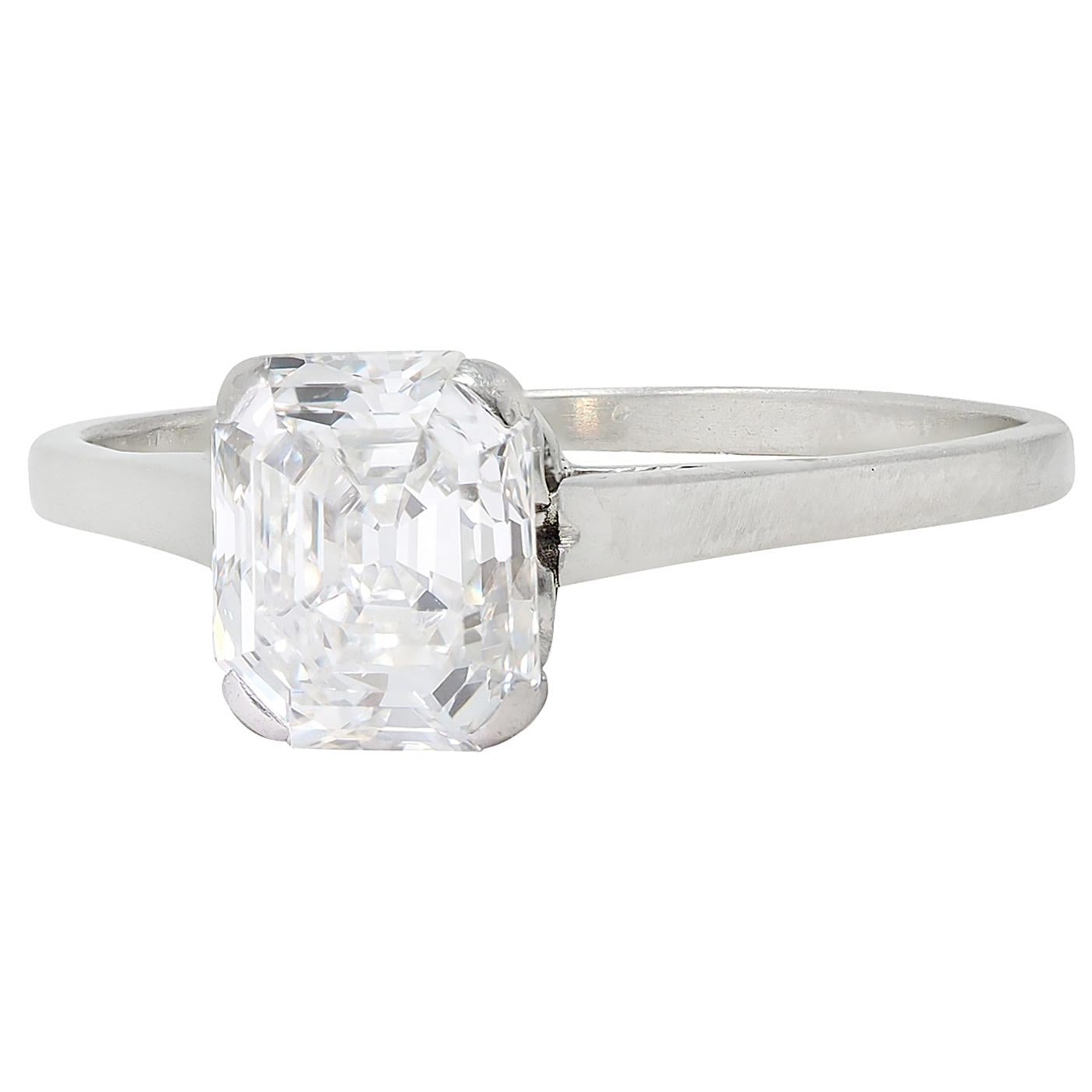 Art Deco Old Emerald Cut Diamond Platinum Vintage Solitaire Engagement Ring