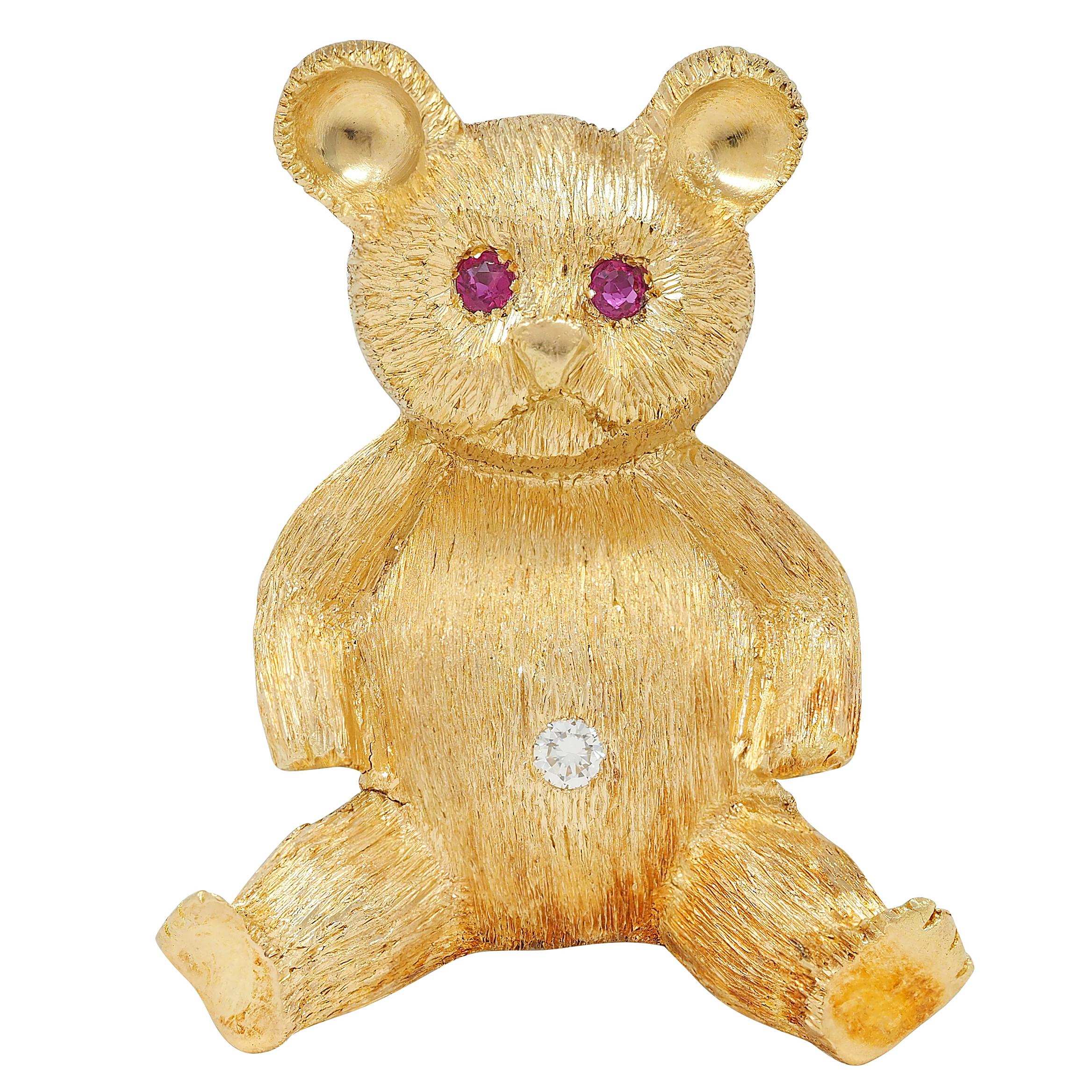 George Lederman 1960's Ruby Diamond 18K Yellow Gold Vintage Teddy Bear Brooch