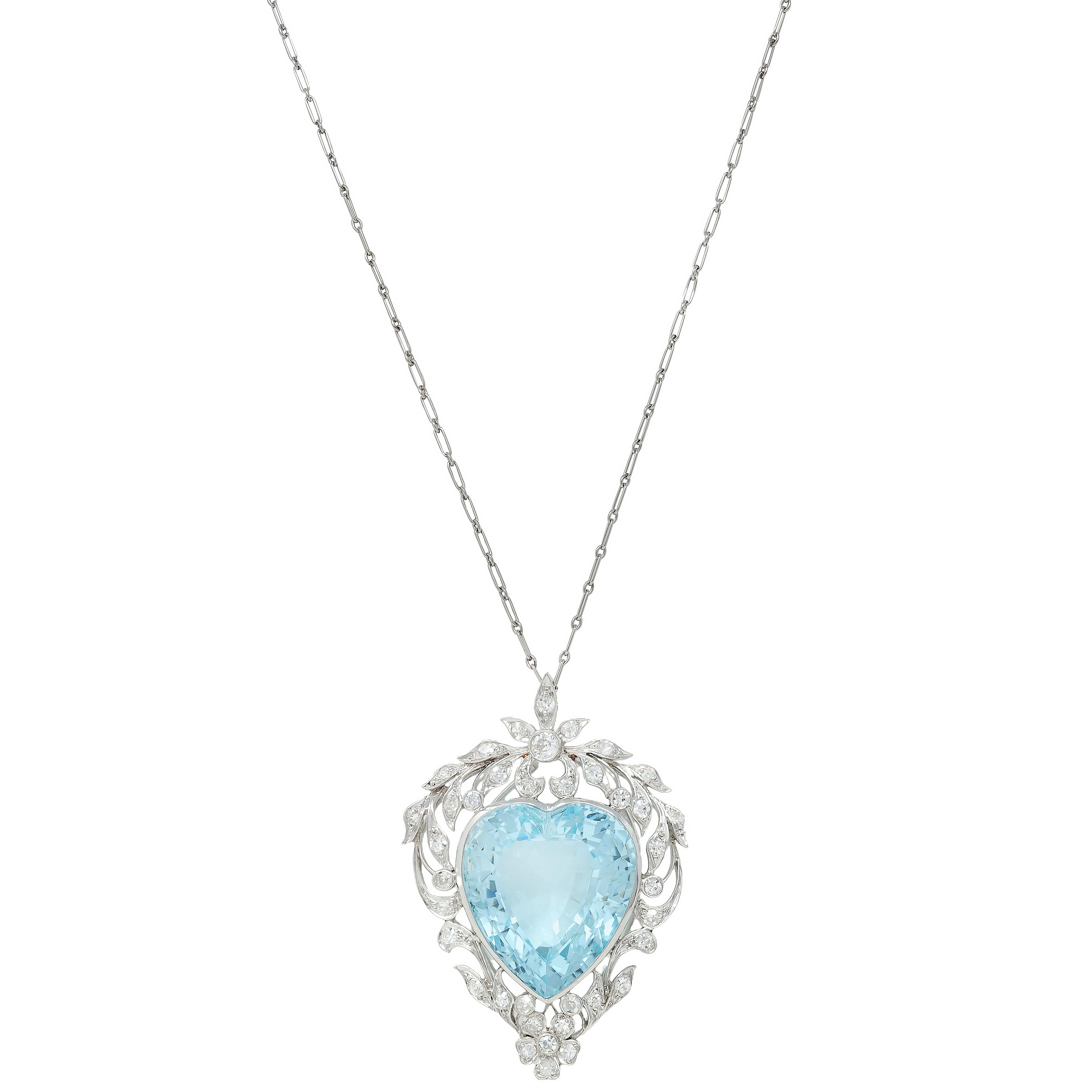 Edwardian 23.70 CTW Aquamarine Diamond Platinum Antique Heart Pendant Necklace