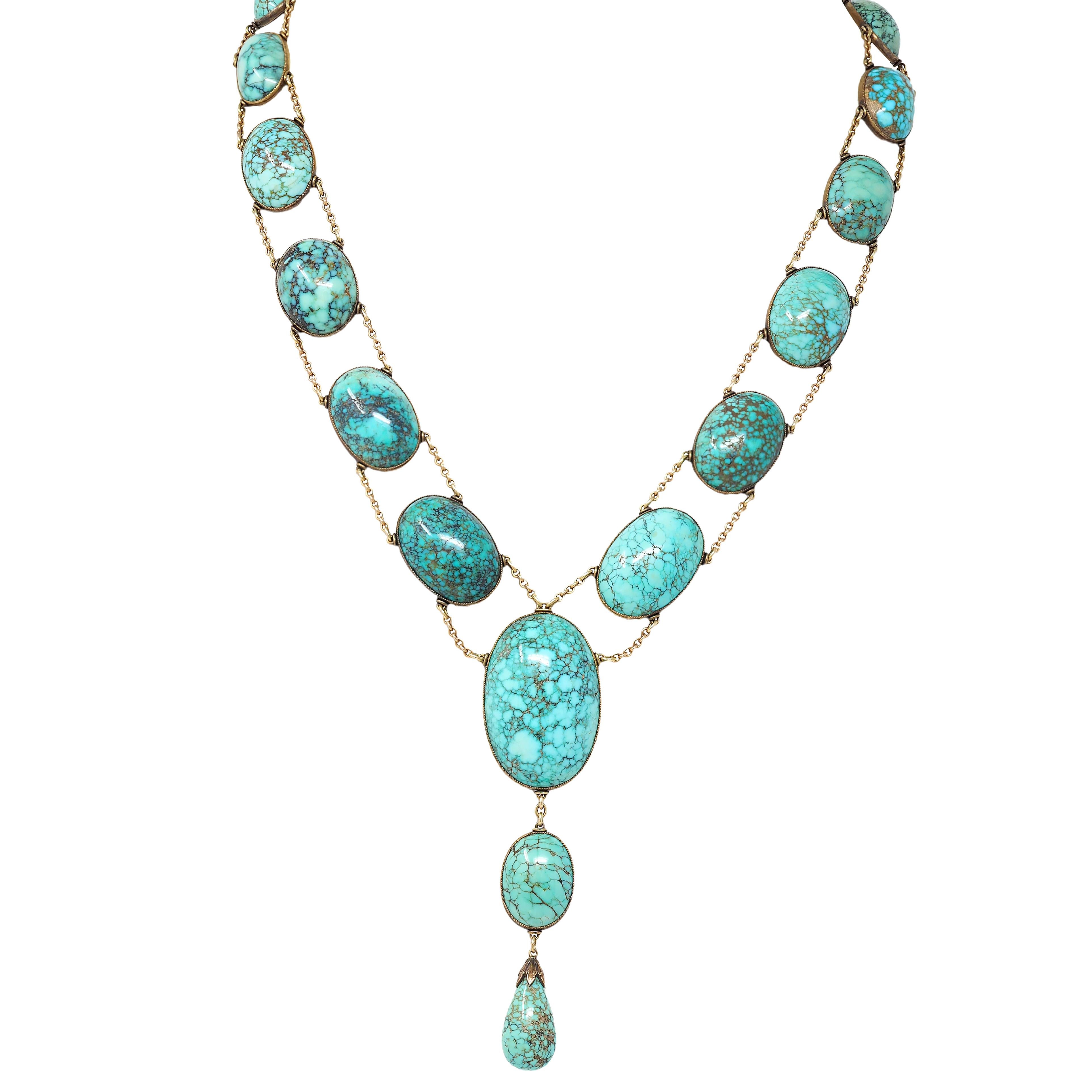 Victorian Turquoise 14K Gold Graduated Station Link Antique Drop Necklace