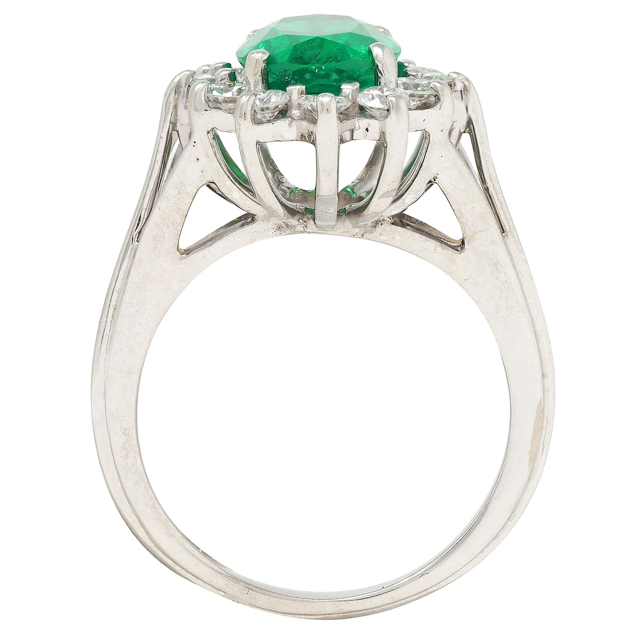 Mid-Century 2.80 CTW Emerald Diamond 14 Karat White Gold Vintage Halo Ring