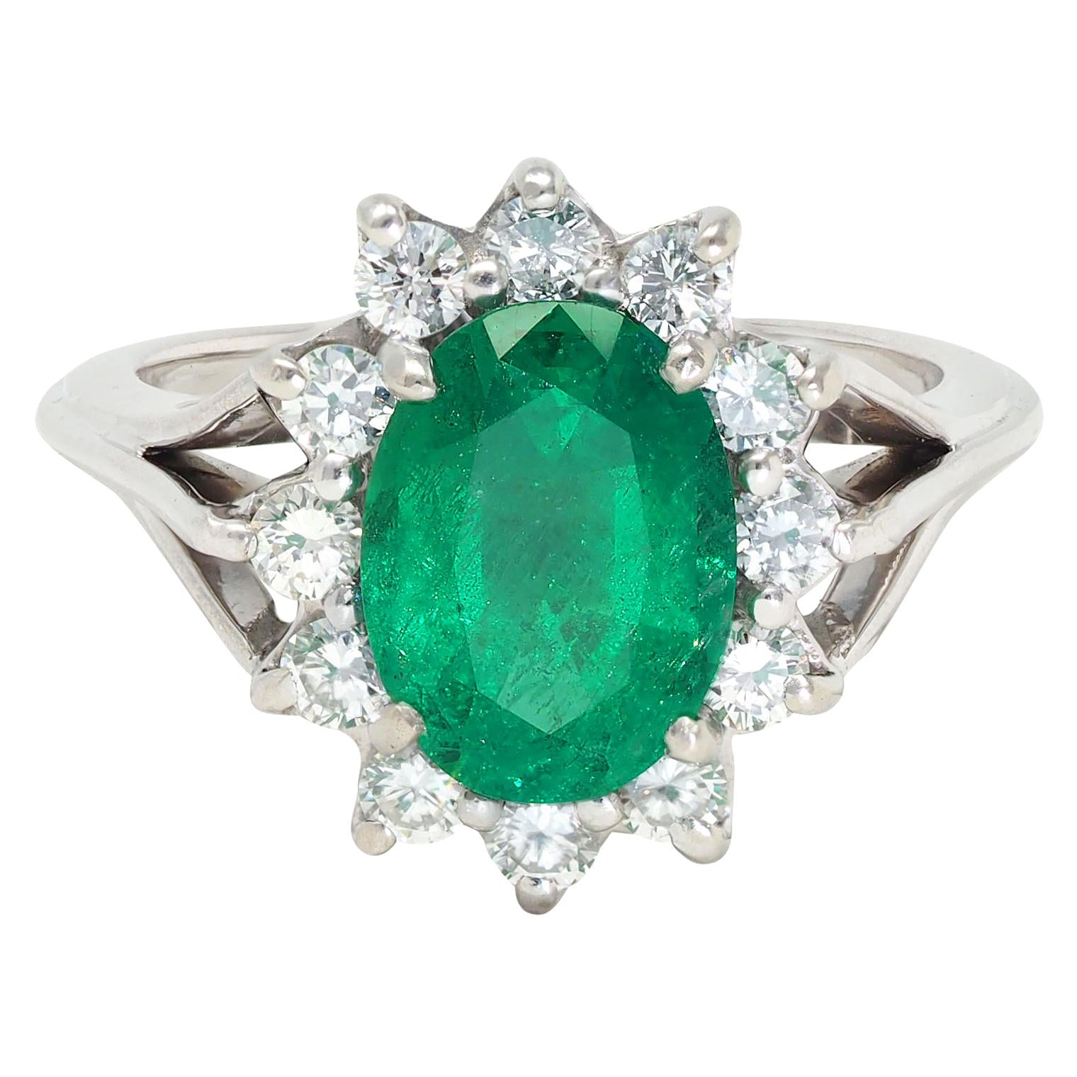 Mid-Century 2.80 CTW Emerald Diamond 14 Karat White Gold Vintage Halo Ring
