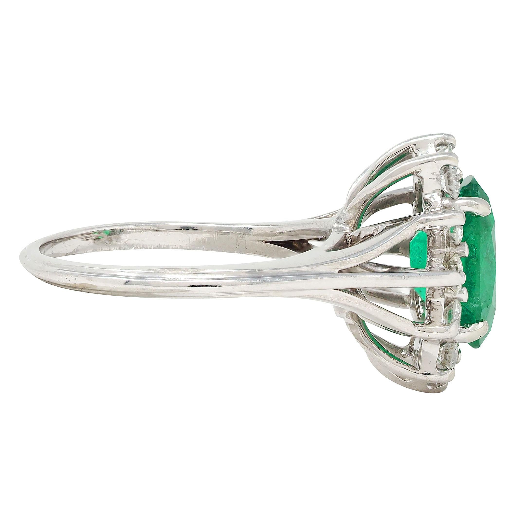 Mid-Century 2.80 CTW Emerald Diamond 14 Karat White Gold Vintage Halo Ring