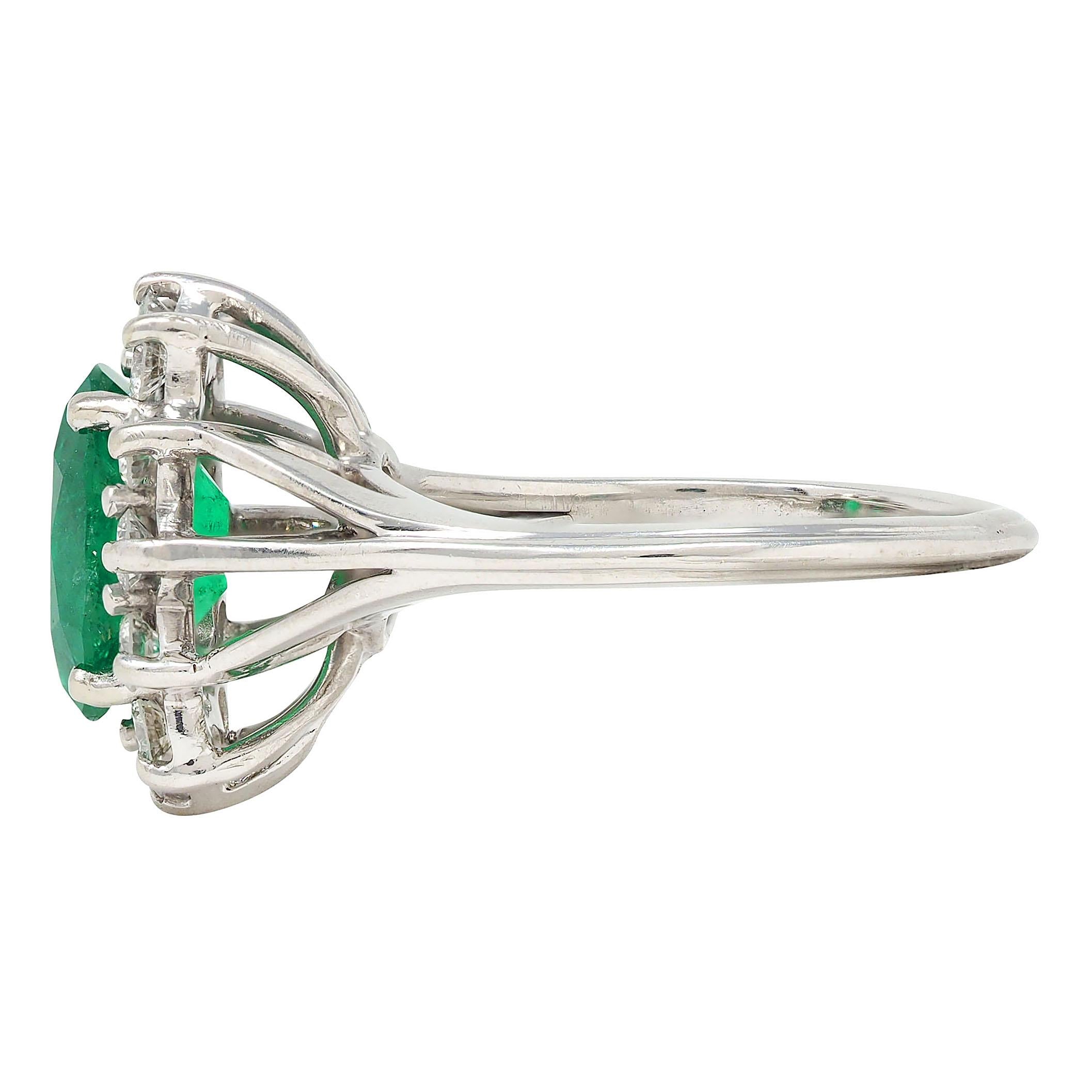 Mid-Century 2.80 CTW Emerald Diamond 14 Karat White Gold Vintage Halo Ring