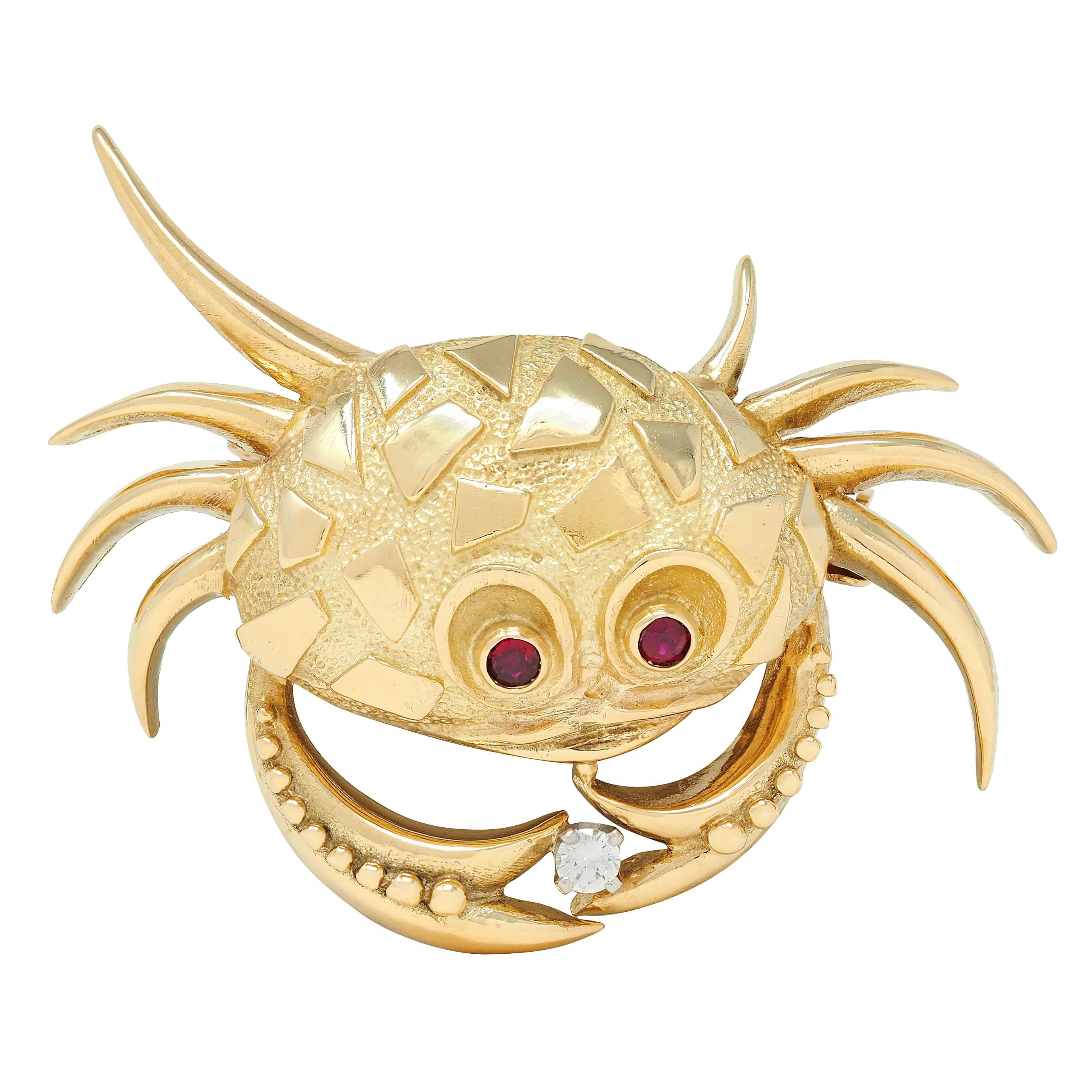 Van Cleef & Arpels 1980's Diamond Ruby 18K Yellow Gold Cancer Zodiac Crab Brooch