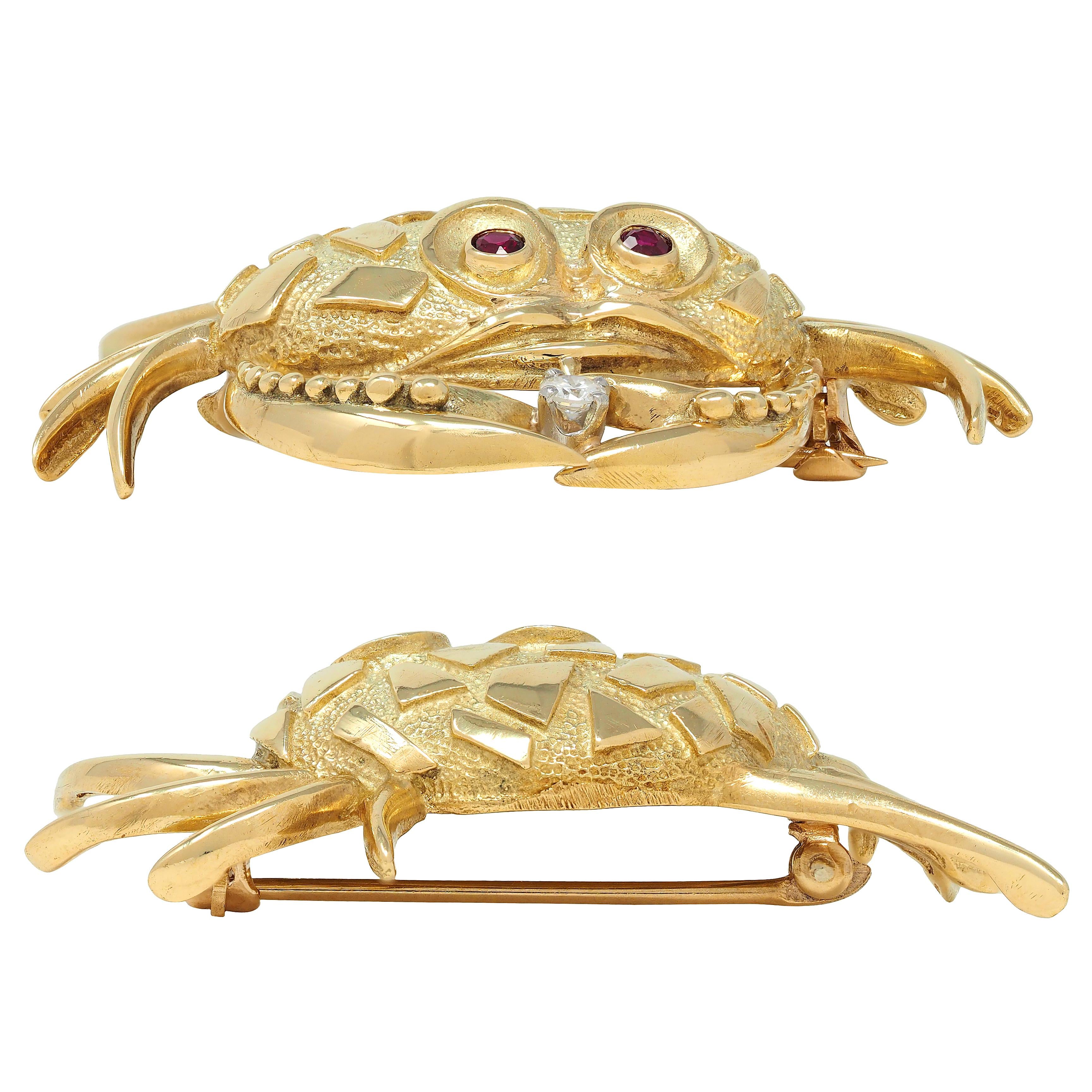 Van Cleef & Arpels 1980's Diamond Ruby 18K Yellow Gold Cancer Zodiac Crab Brooch