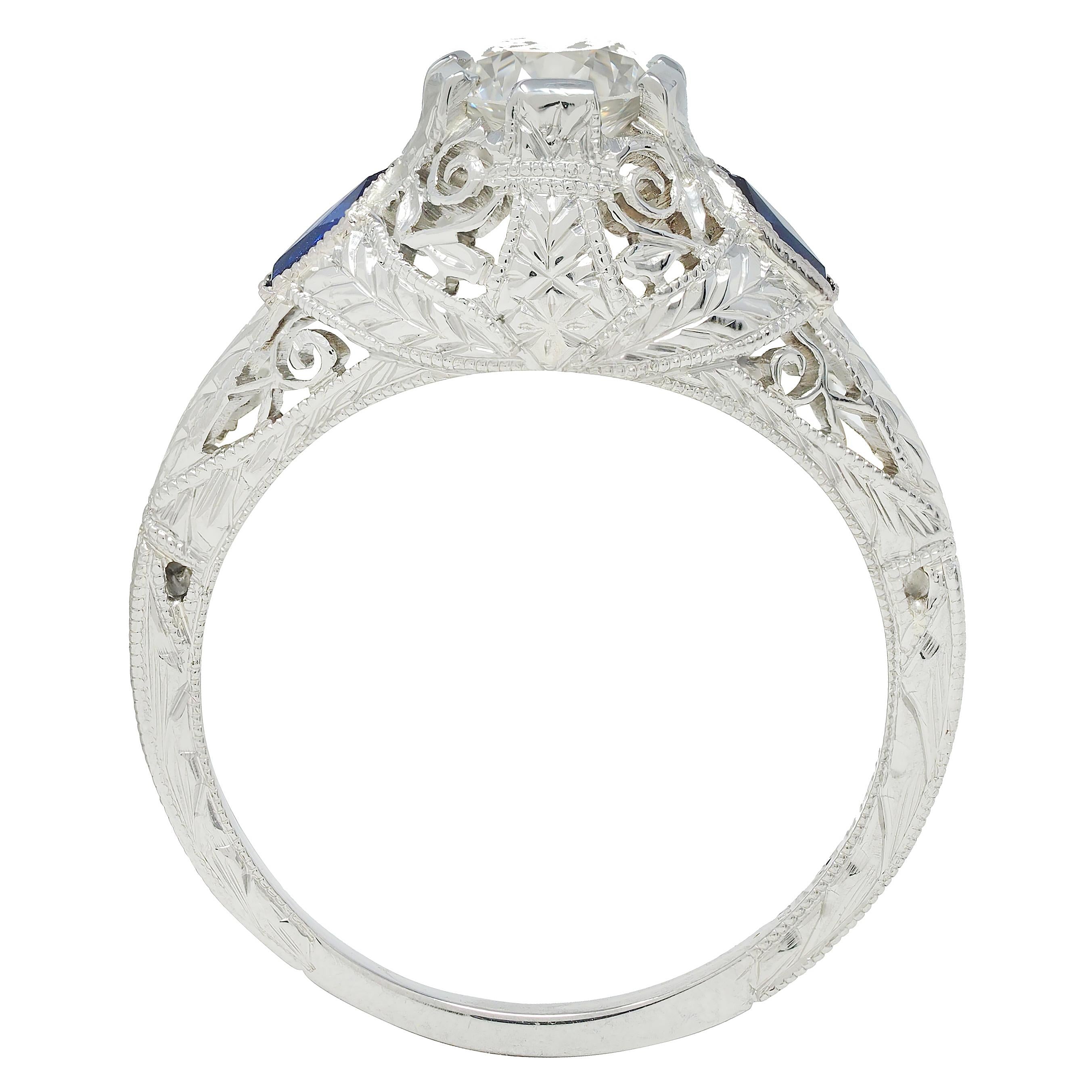 Art Deco European Cut Diamond 18 Karat White Gold Vintage Scroll Engagement Ring