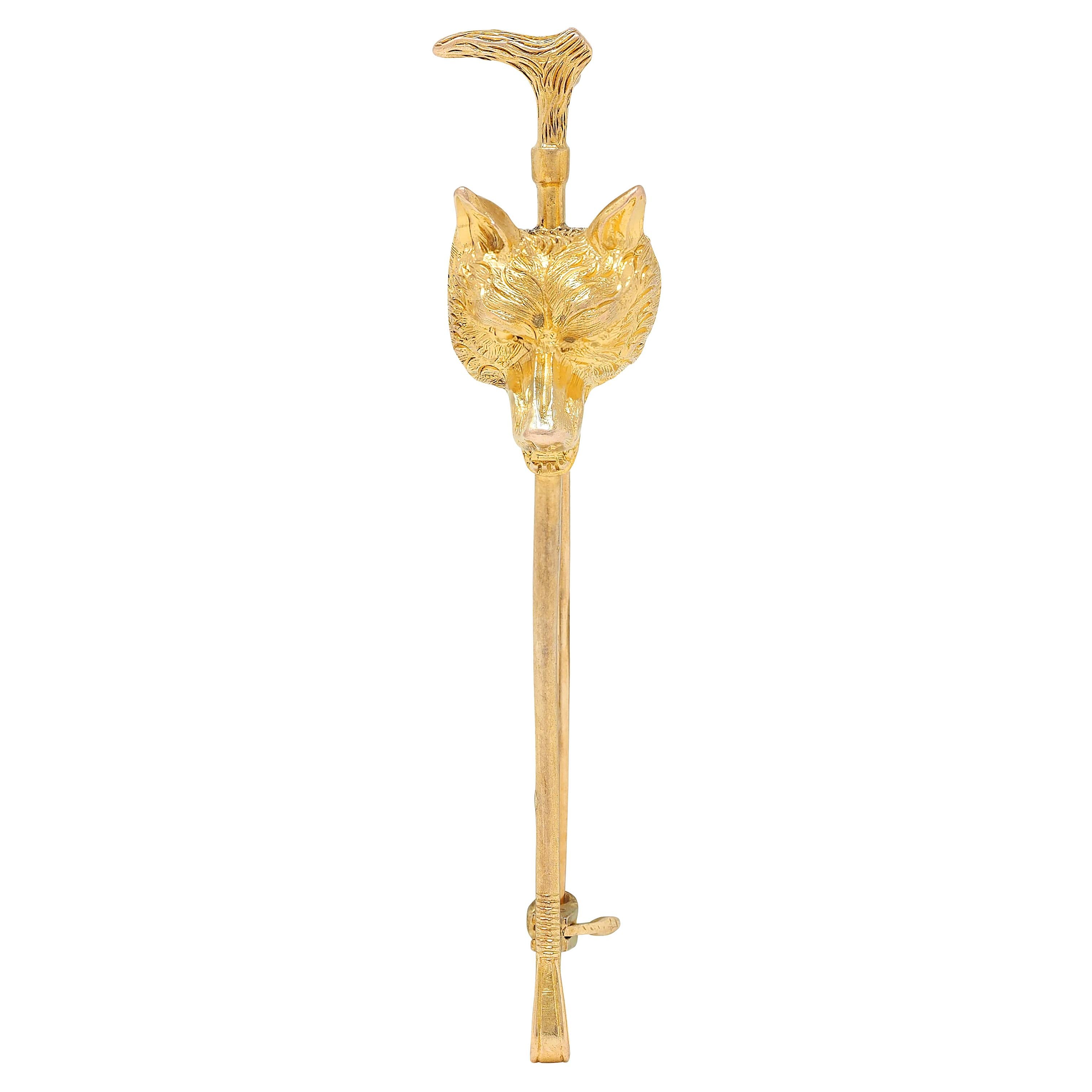 Carter Gough & Co. Edwardian 14K Yellow Gold Antique Fox Riding Crop Brooch