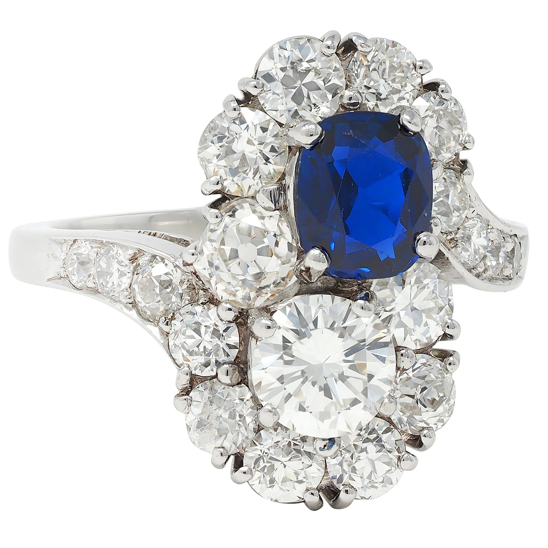 1950's 4.45 CTW No Heat Sapphire Diamond Platinum Vintage Toi-Et-Moi Ring AGL