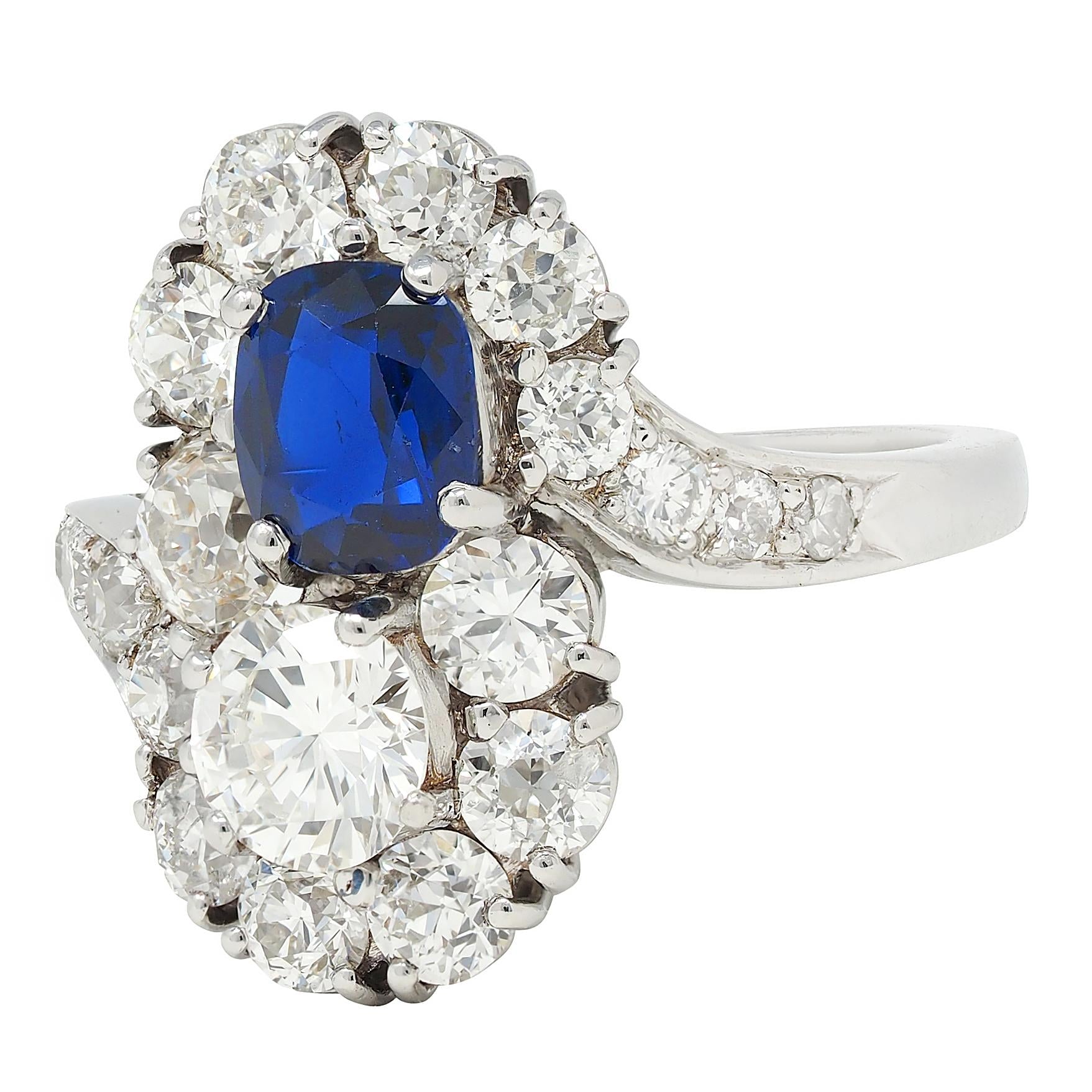 1950's 4.45 CTW No Heat Sapphire Diamond Platinum Vintage Toi-Et-Moi Ring AGL