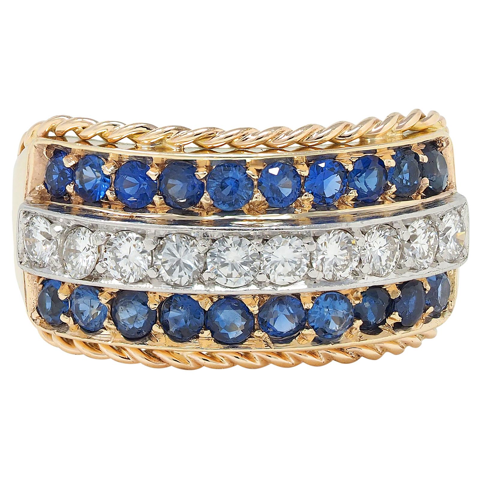 1960's Diamond Sapphire Platinum 14K Gold Vintage Twisted Rope Band Ring