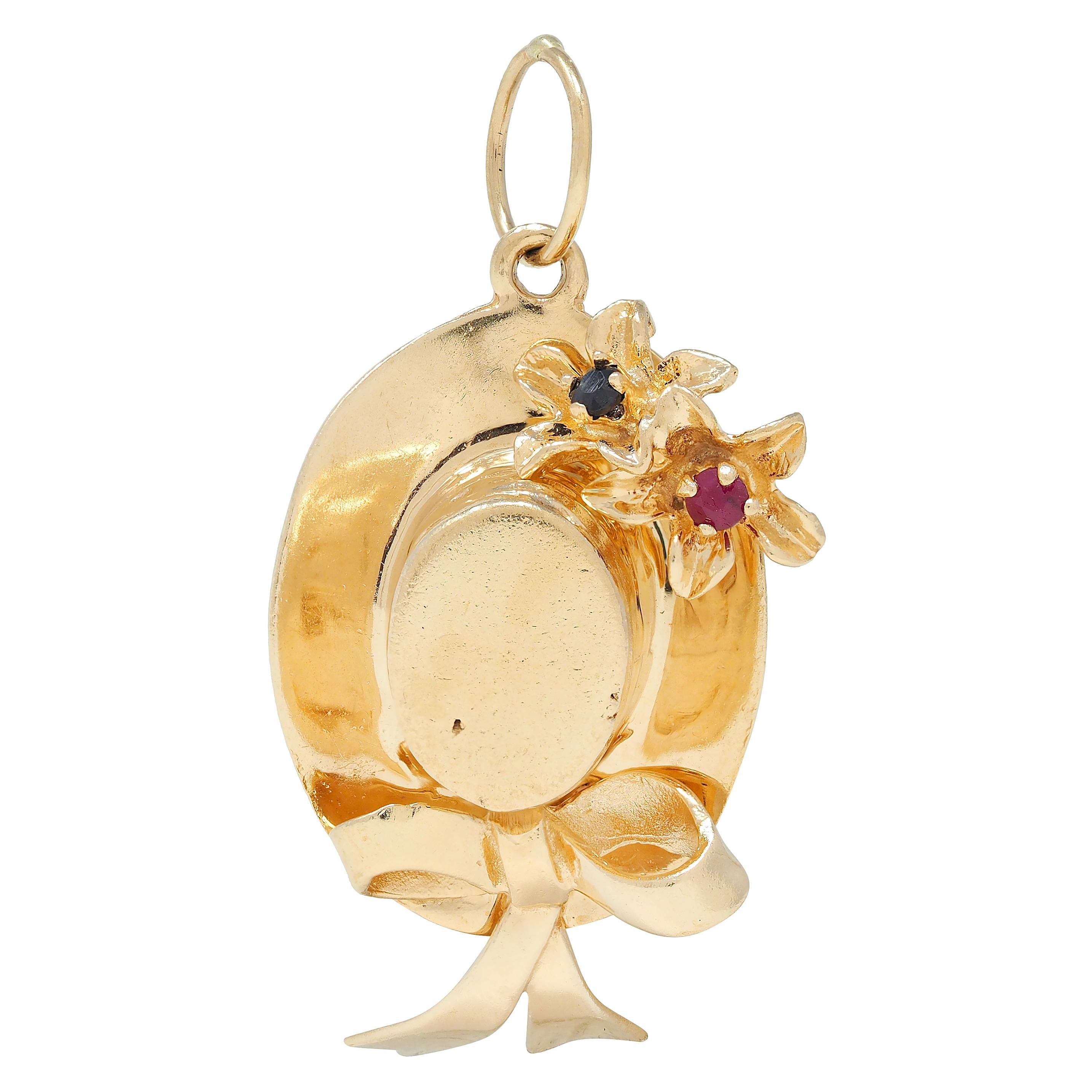 1950's Multi-Gem 14 Karat Yellow Gold Vintage Sun Hat Pendant Charm
