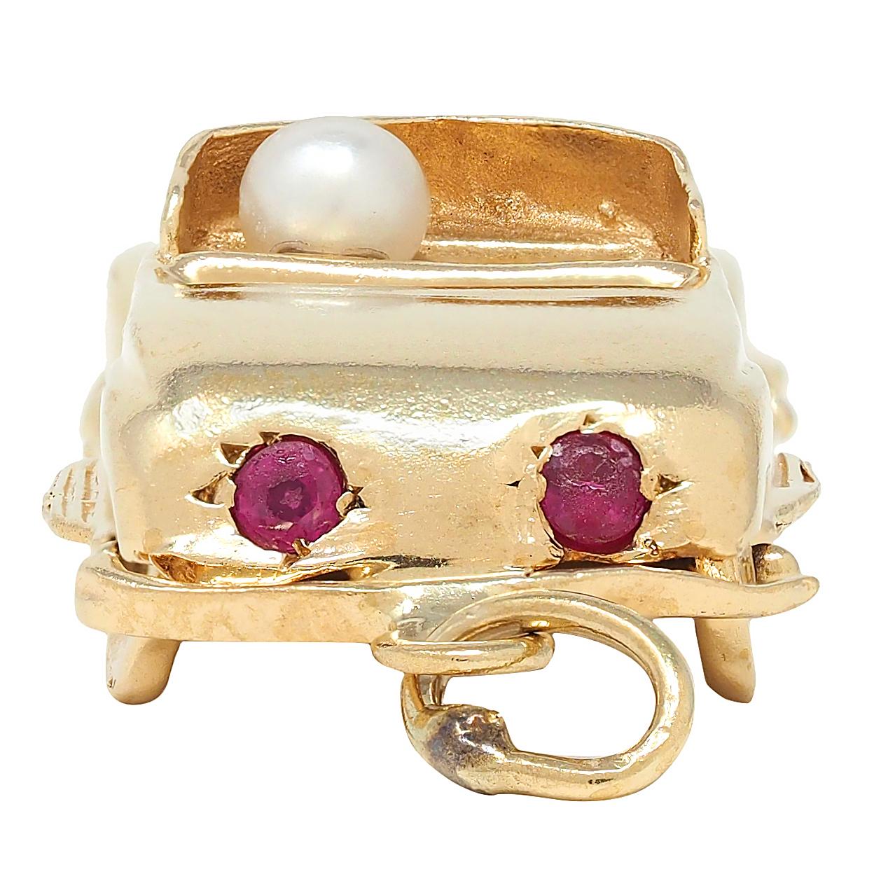 1960's Pearl Ruby Diamond 14 Karat Yellow Gold Vintage Car Pendant Charm