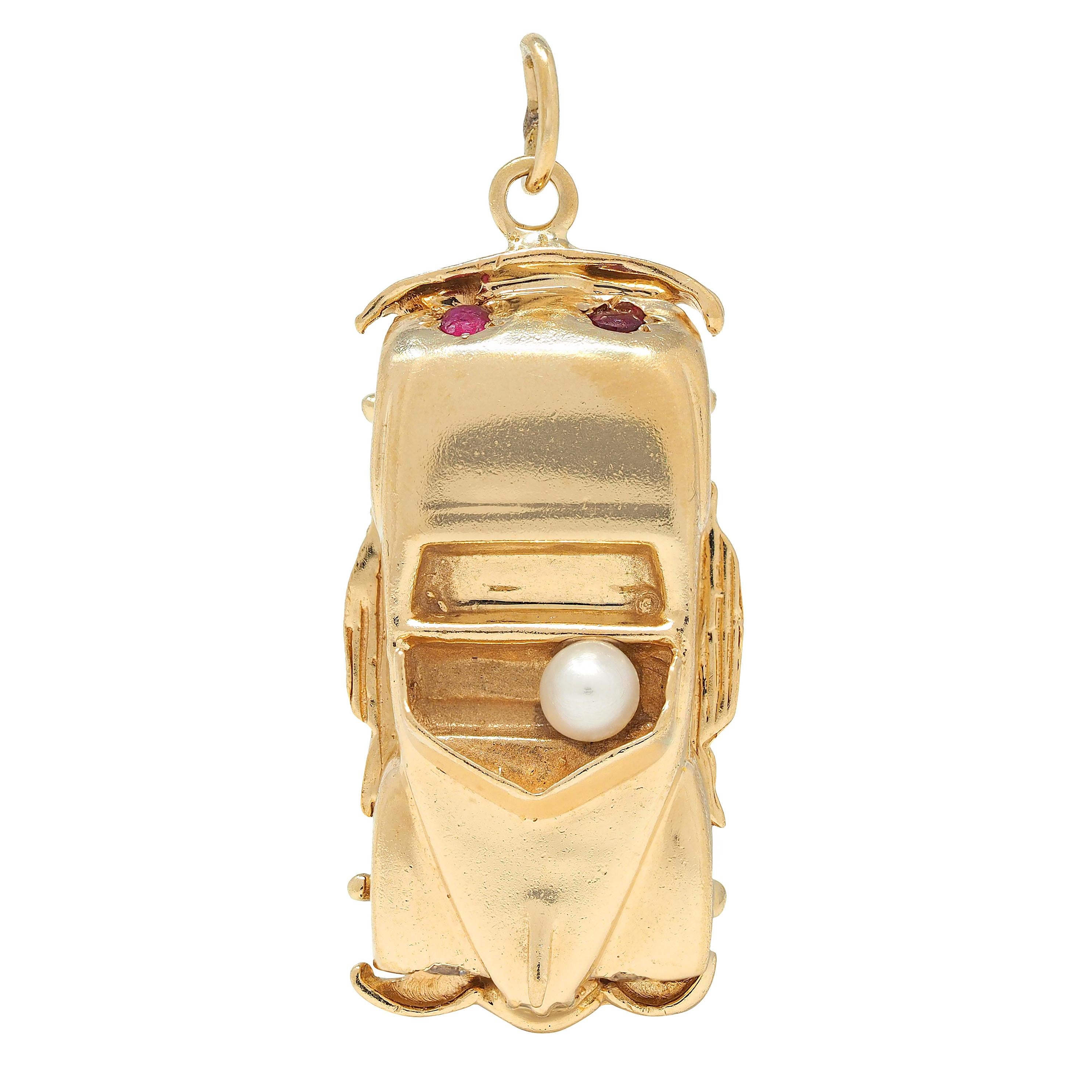1960's Pearl Ruby Diamond 14 Karat Yellow Gold Vintage Car Pendant Charm